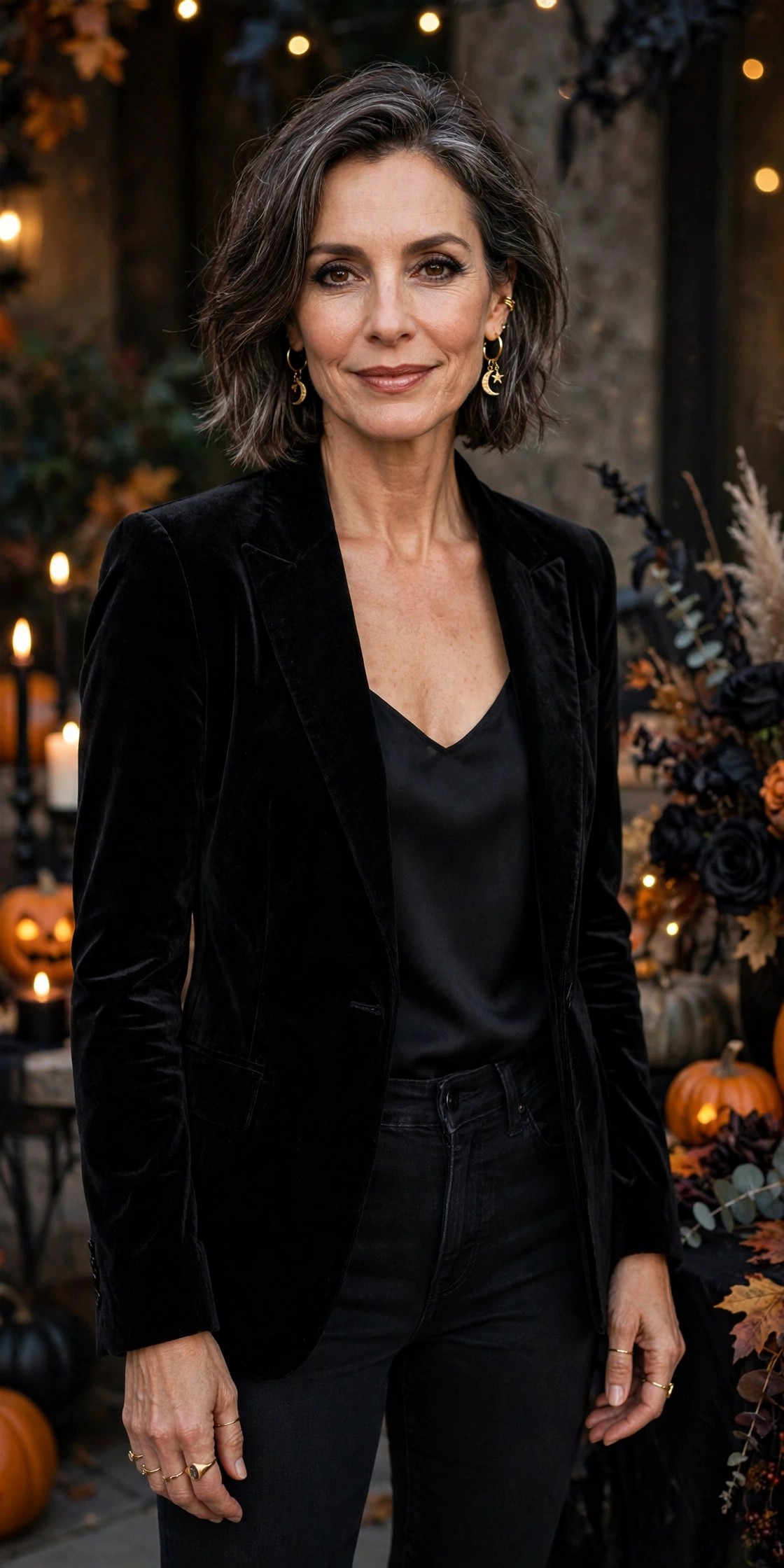 Woman over 50 in velvet blazer and black jeans chic Halloween party outfit