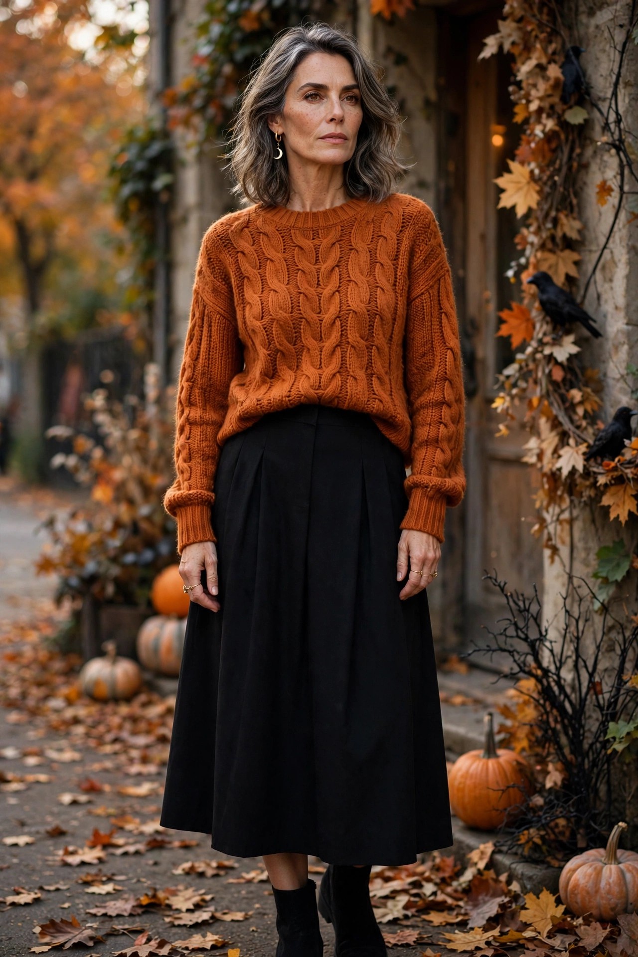 Woman over 50 in burnt orange sweater and black skirt fall Halloween outfit