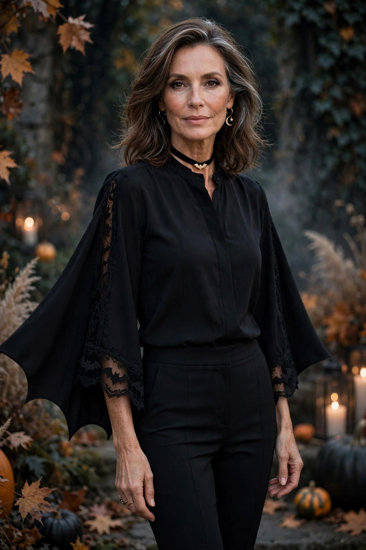 Woman over 50 in black bat sleeve blouse and trousers elegant Halloween outfit
