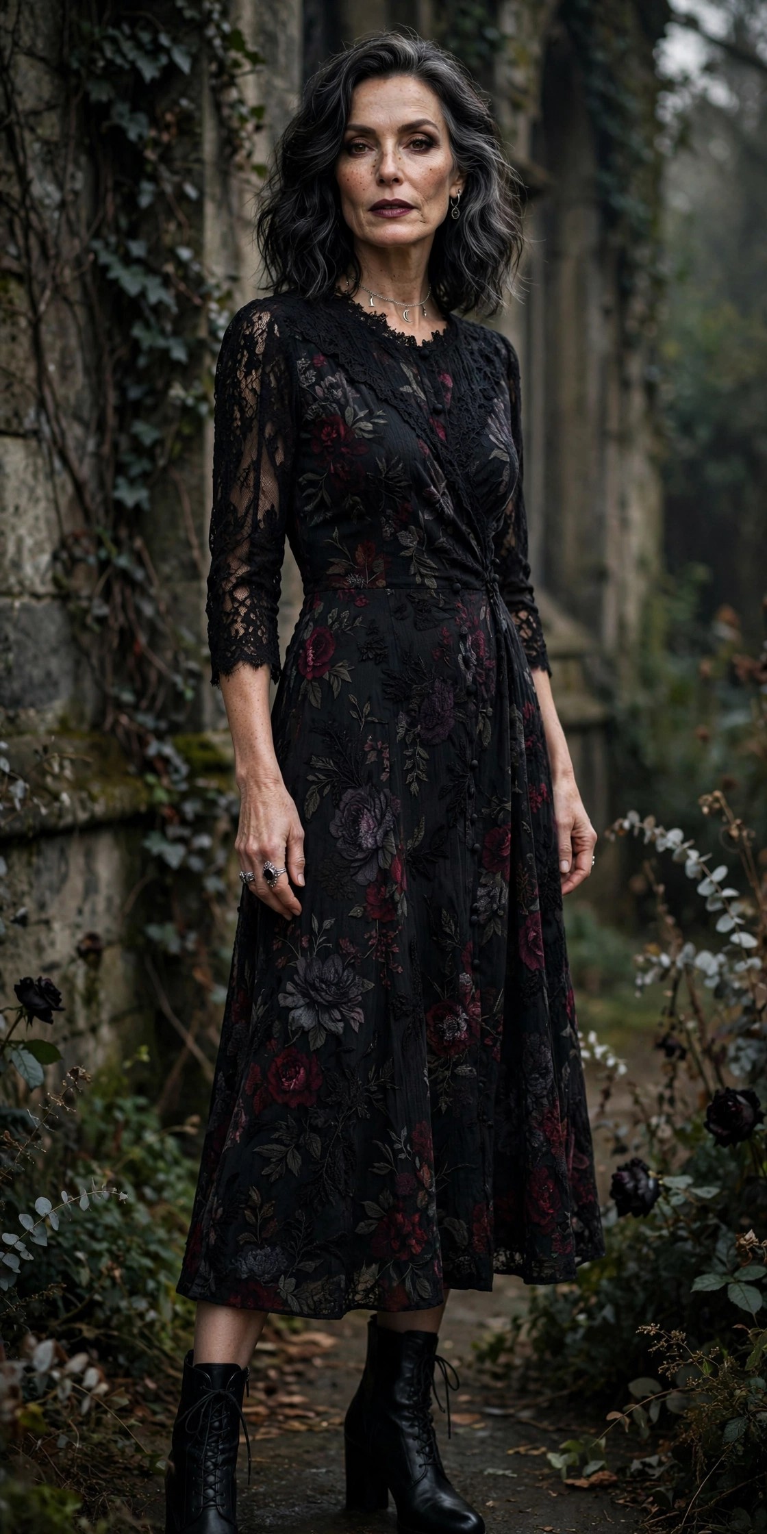 Woman over 50 in dark floral midi dress with ankle boots Halloween party look