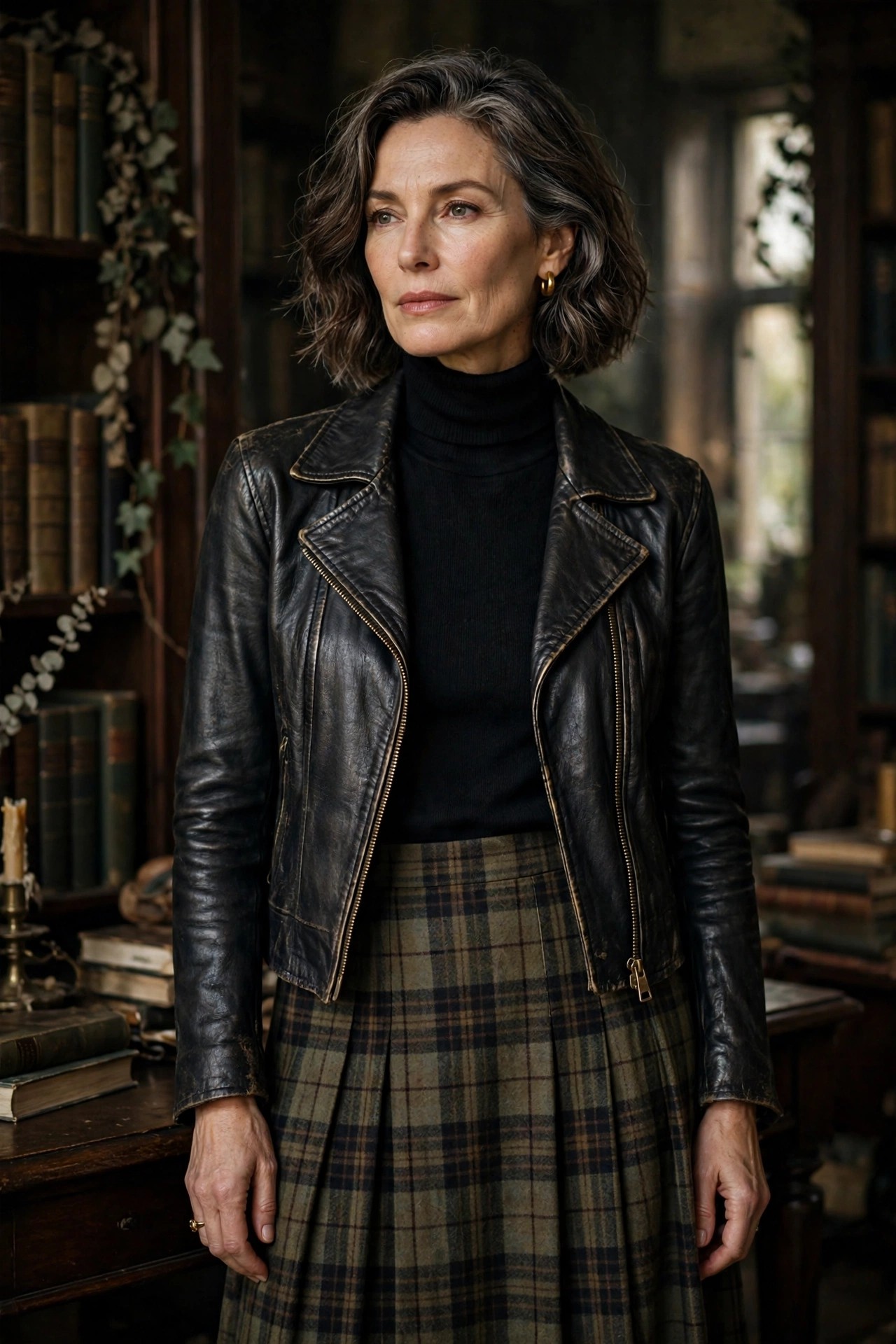 Woman over 50 in plaid skirt and leather jacket dark academia Halloween outfit