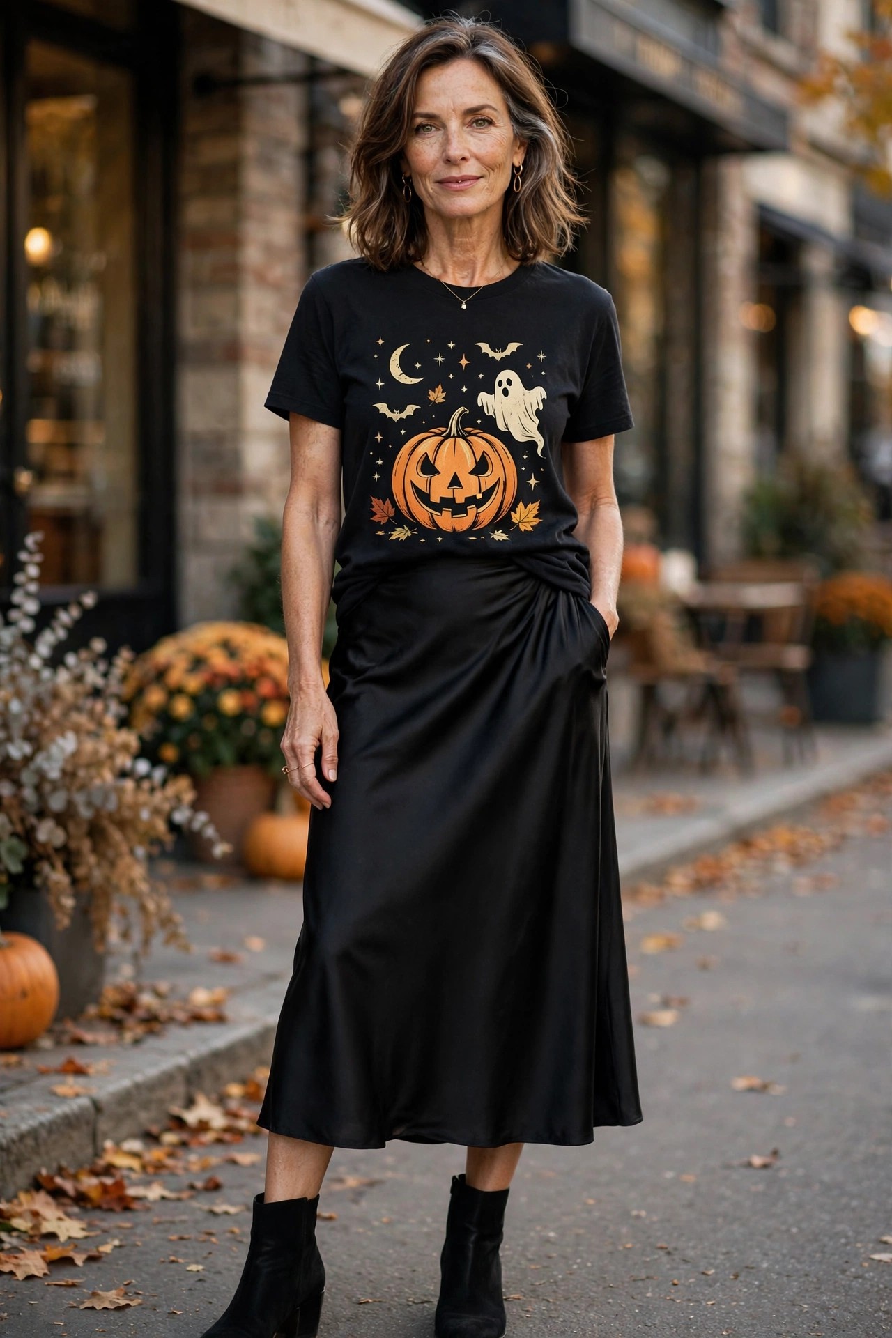 Woman over 50 in black satin skirt with Halloween graphic tee elevated outfit