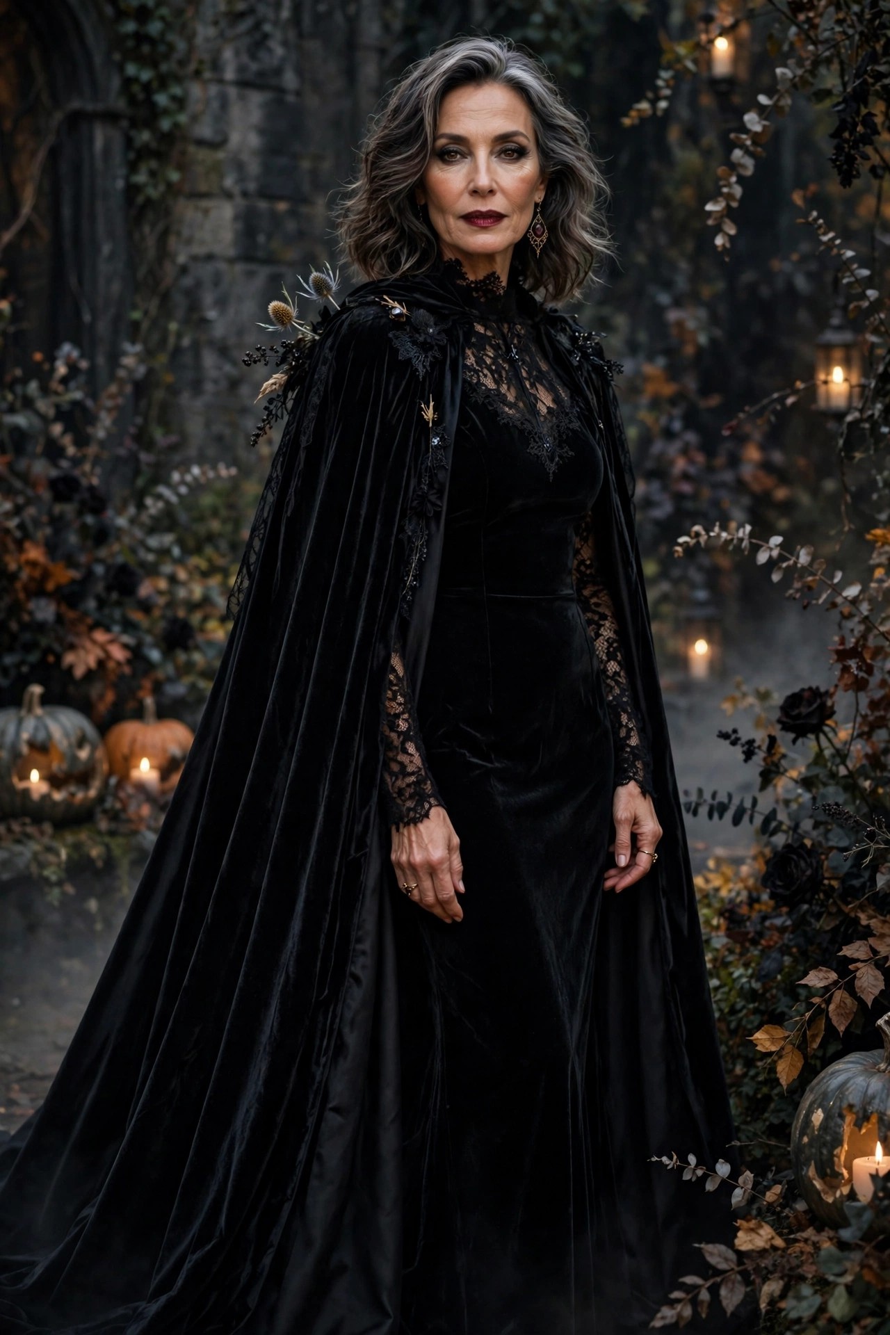 Woman over 50 in black dress with dramatic floor length cape Halloween look
