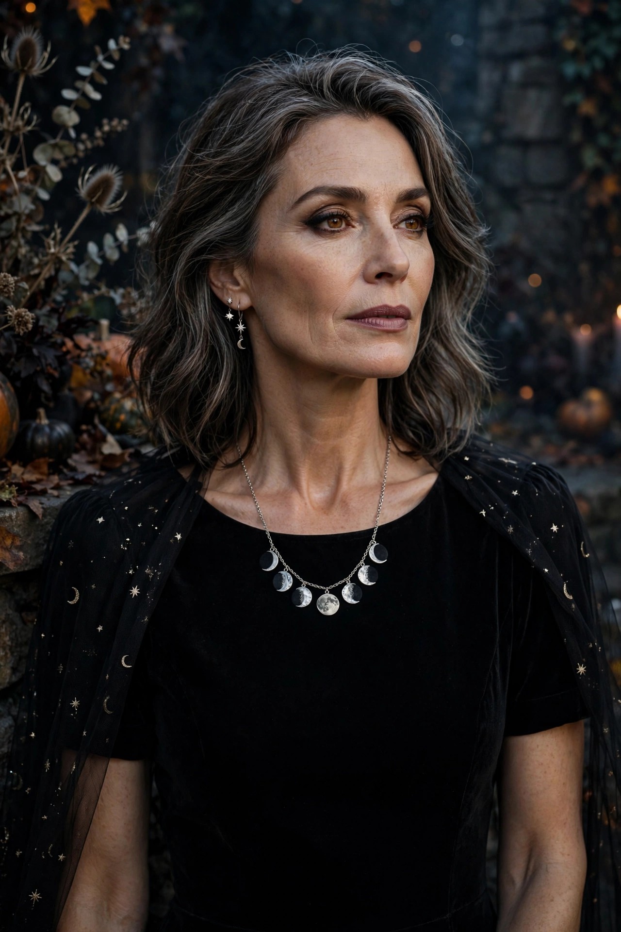 Woman over 50 in simple black dress with moon phase jewelry Halloween outfit