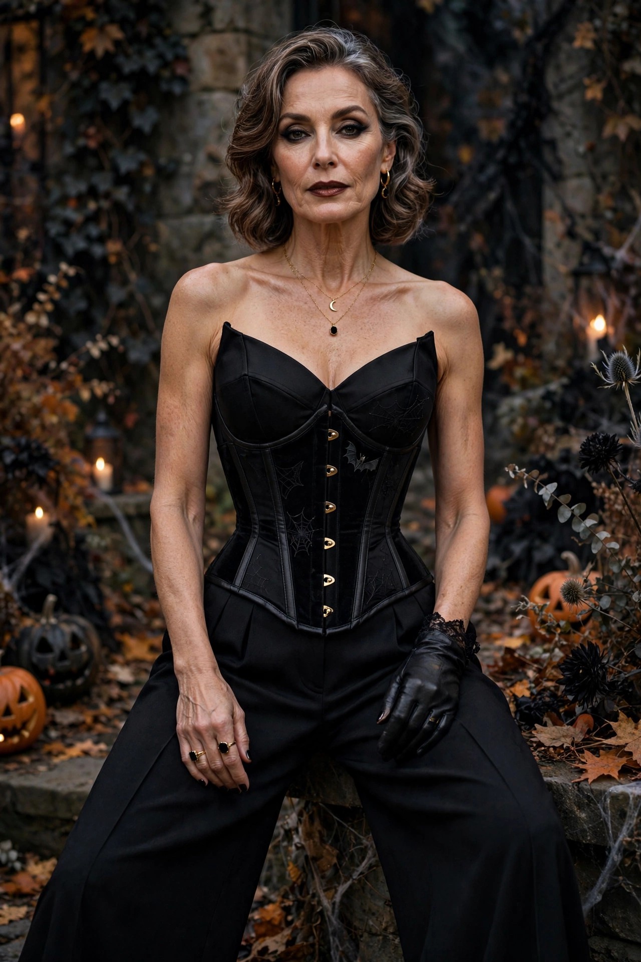 Woman over 50 in black wide leg pants and corset top chic Halloween outfit
