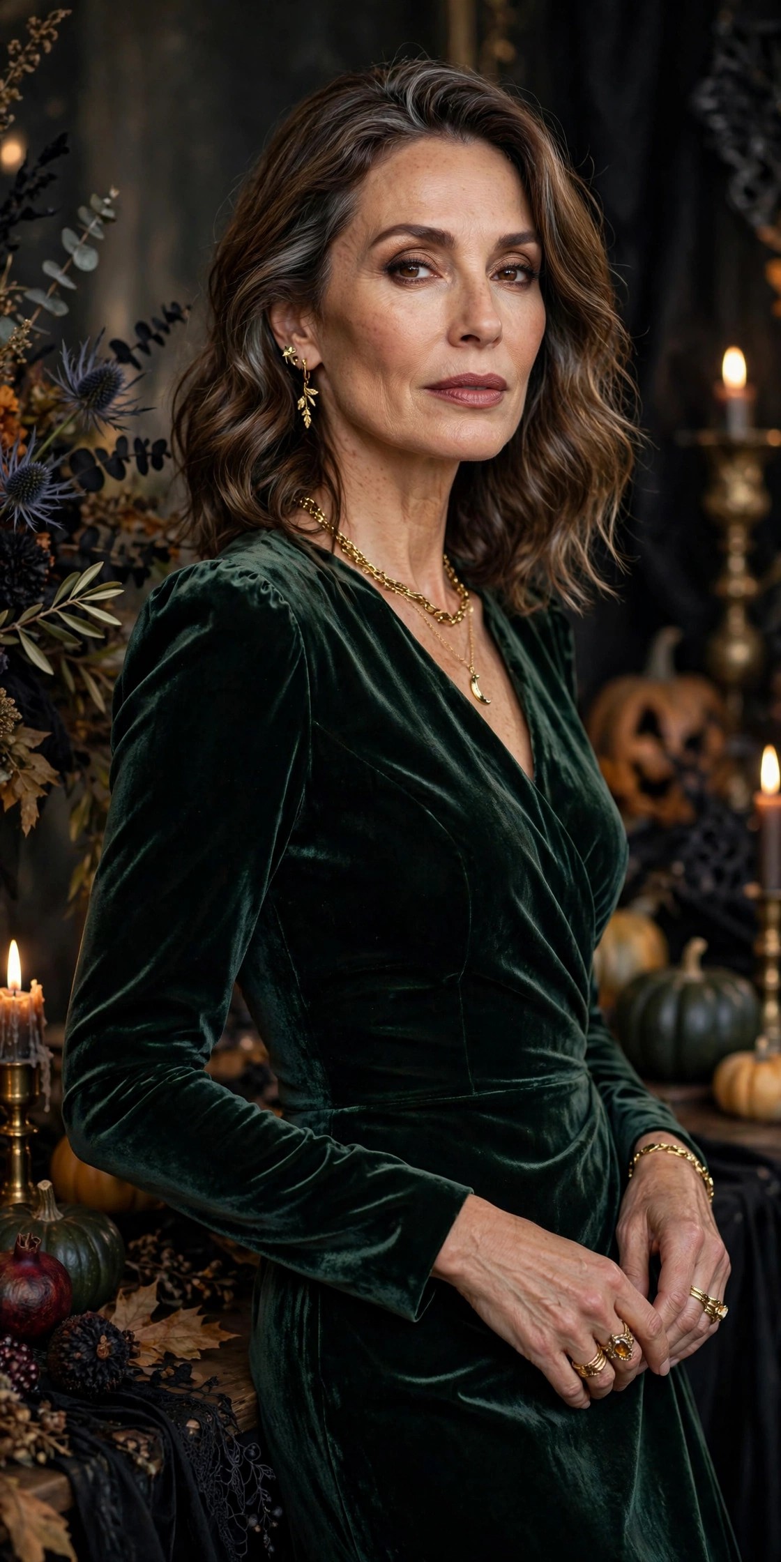 Woman over 50 in dark green velvet dress subtle poison ivy Halloween outfit