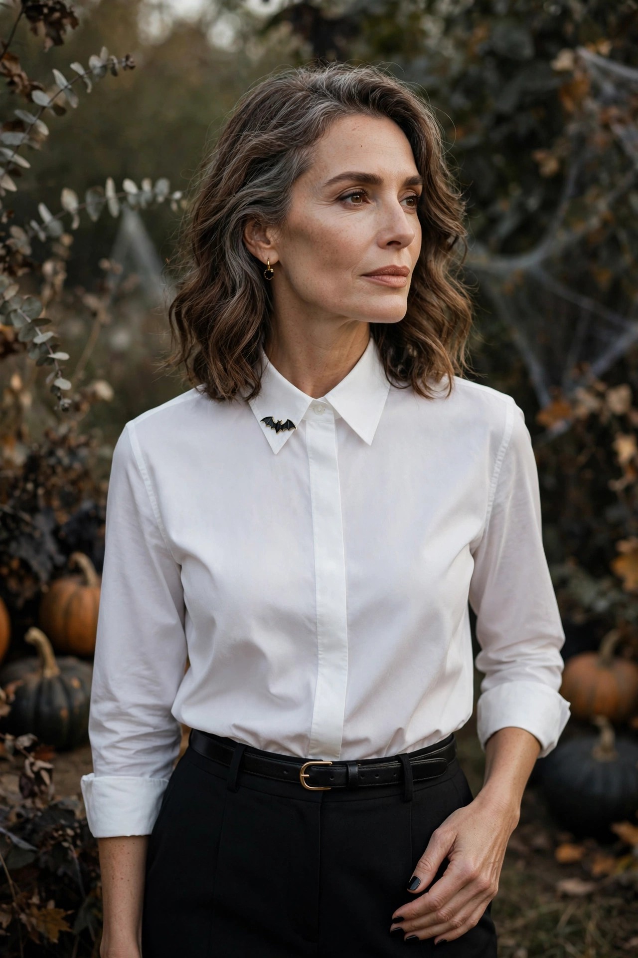 Woman over 50 in white shirt and black trousers minimalist ghost chic Halloween outfit