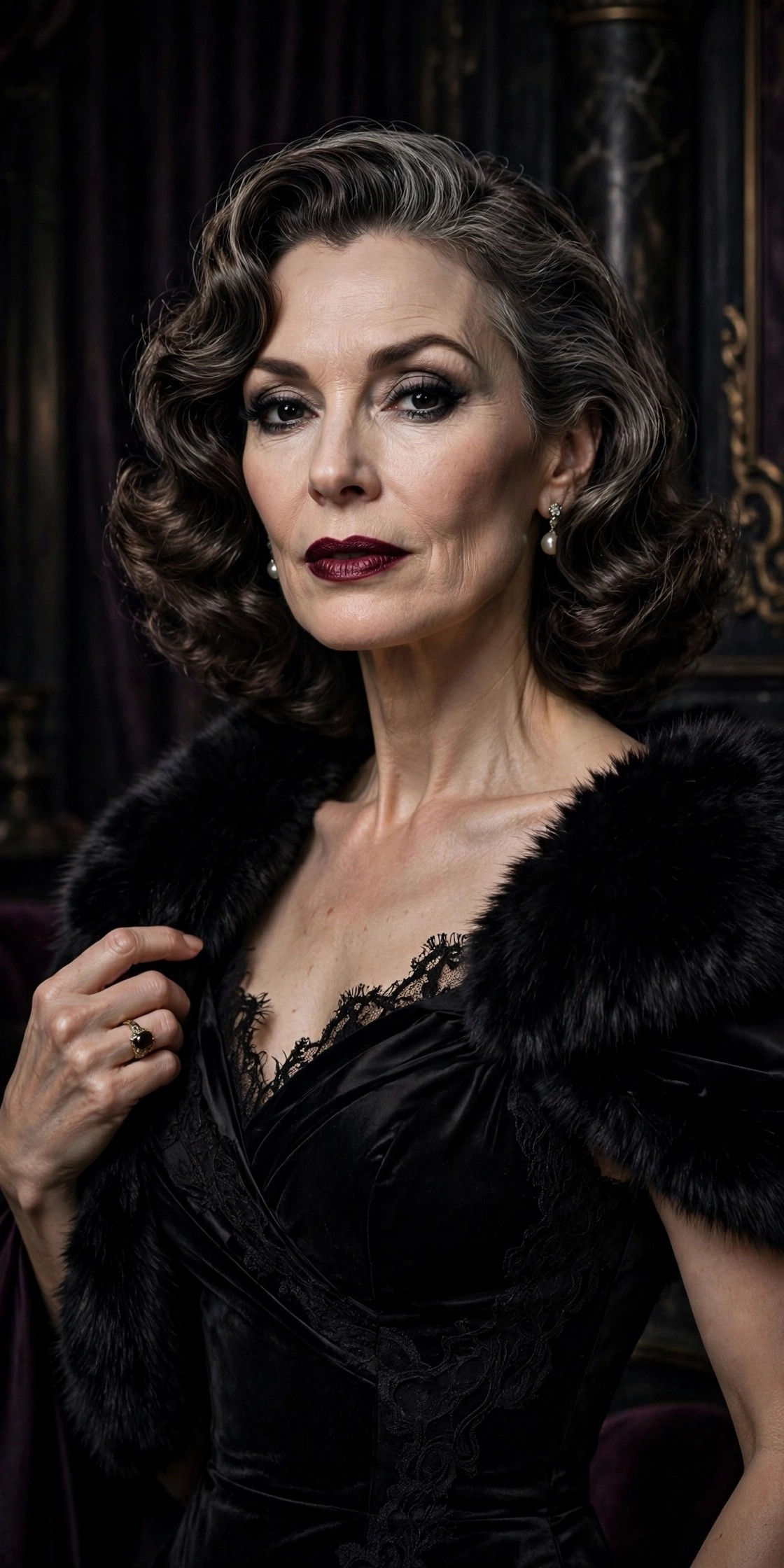 Woman over 50 in black dress with faux fur stole vampire glam Halloween outfit