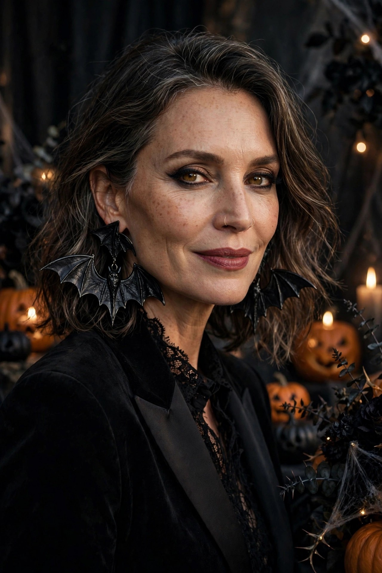 Woman over 50 wearing statement bat earrings with black outfit Halloween party