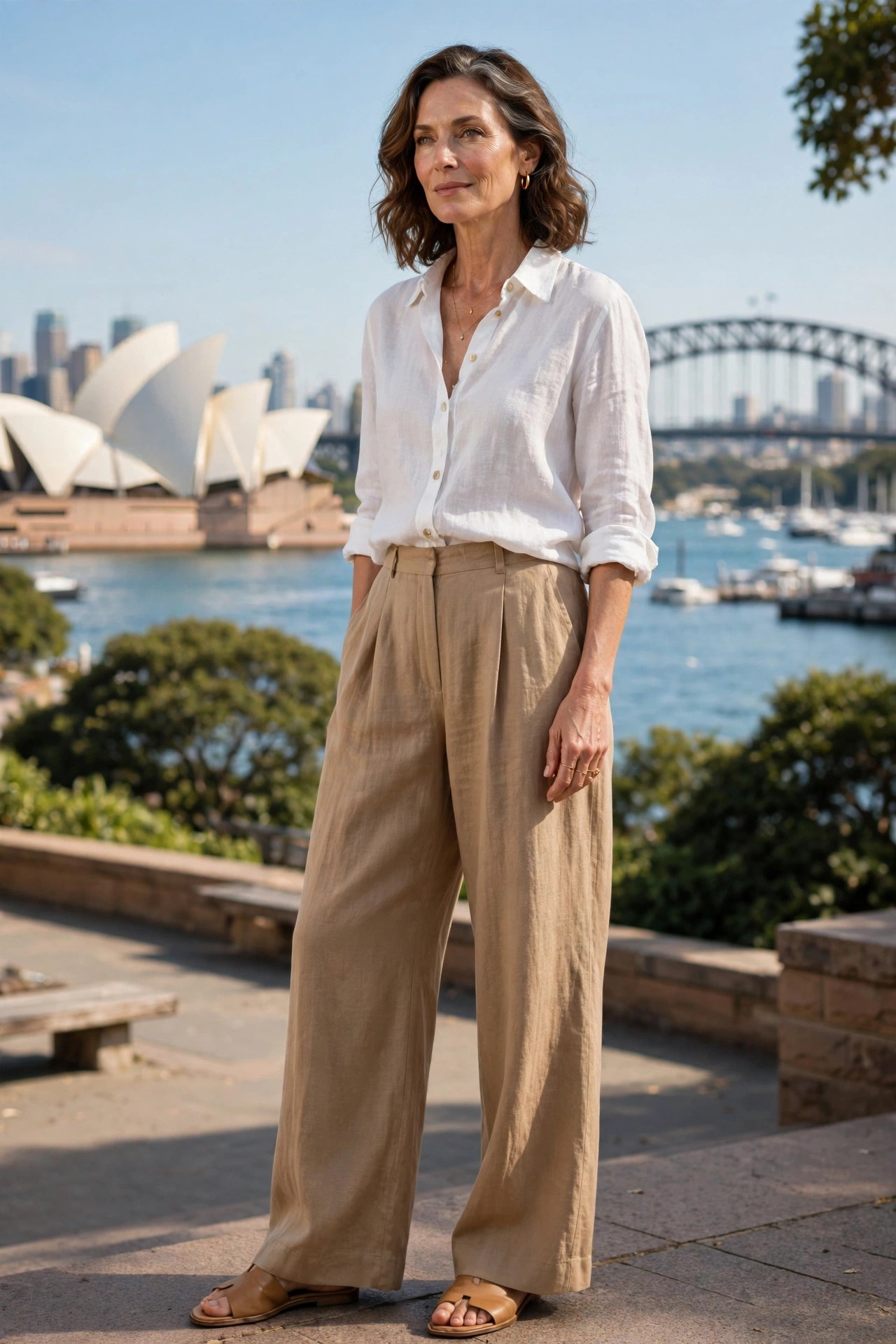 Woman in her 50s wearing a white linen shirt, tan wide-leg trousers and leather slides at Sydney Harbour on a sunny day