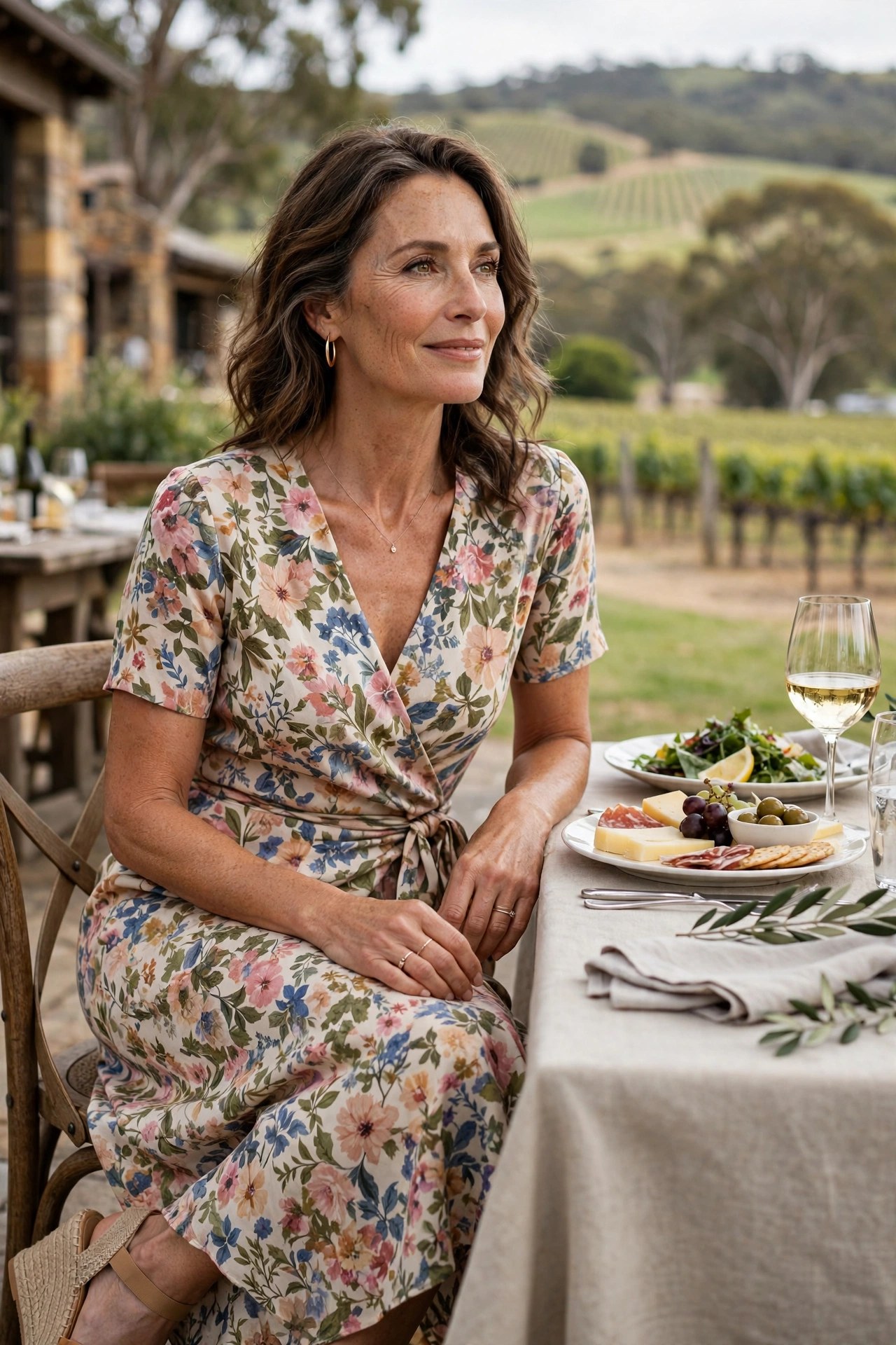 Woman in her 50s wearing a floral midi wrap dress and espadrille wedges at a winery lunch in the Hunter Valley