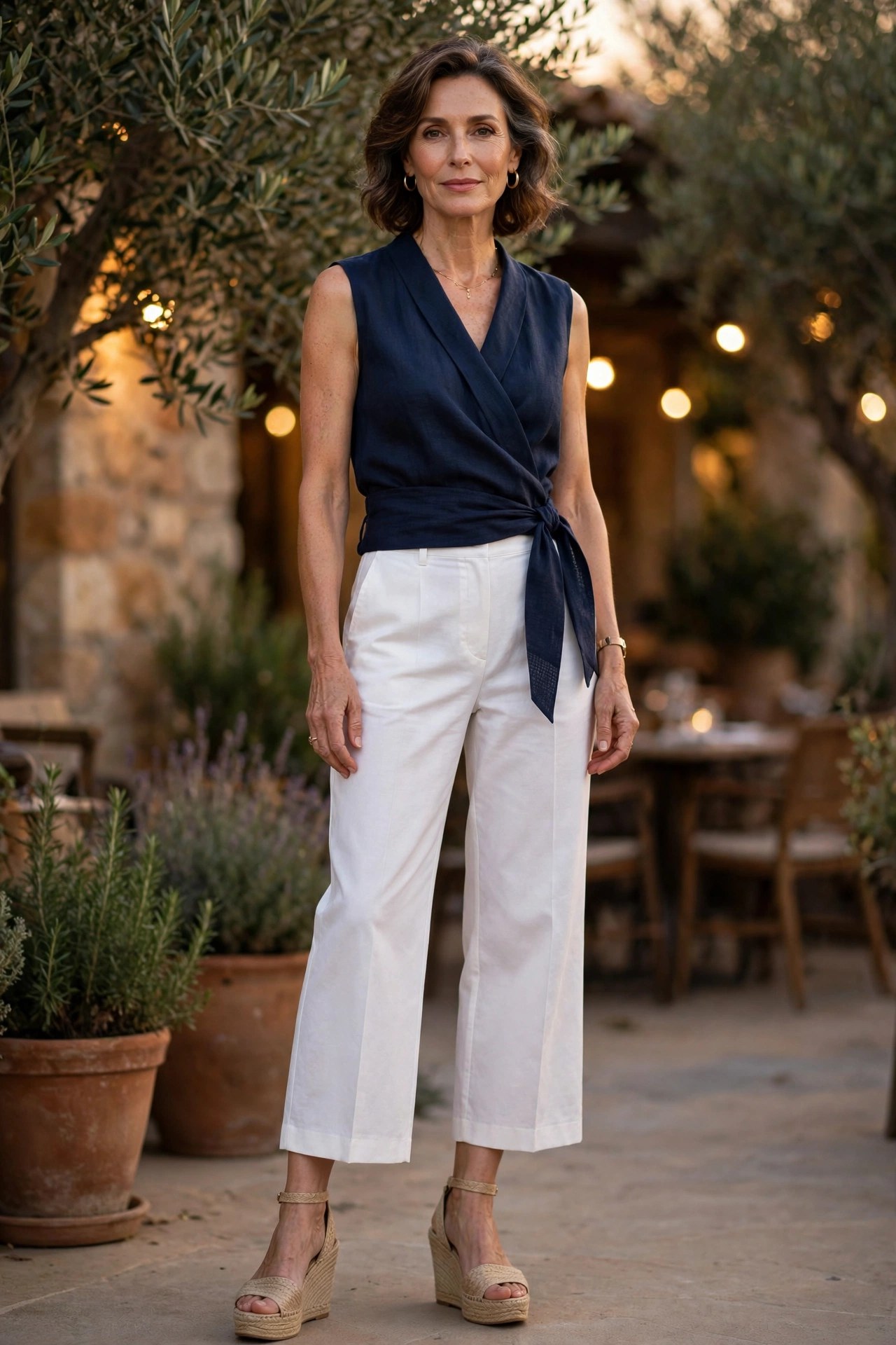 Woman in her 50s wearing a navy sleeveless wrap top, white cropped wide-leg trousers and sandals in the evening