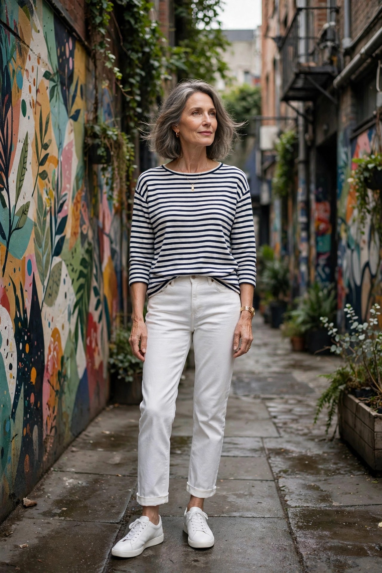 Woman in her 50s wearing a breton striped top, white jeans and white sneakers in a Melbourne laneway