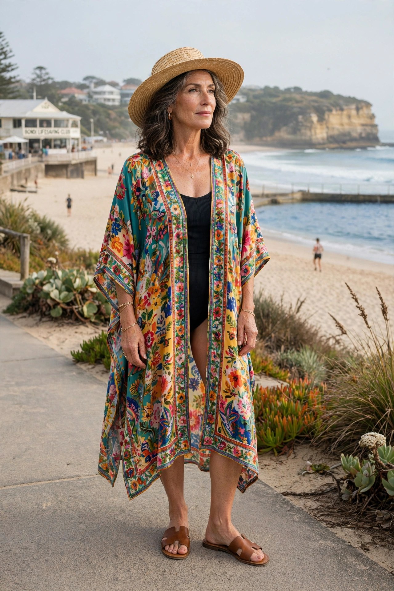 Woman in her 50s wearing a printed kaftan over a swimsuit with sandals and a straw hat at Bondi Beach