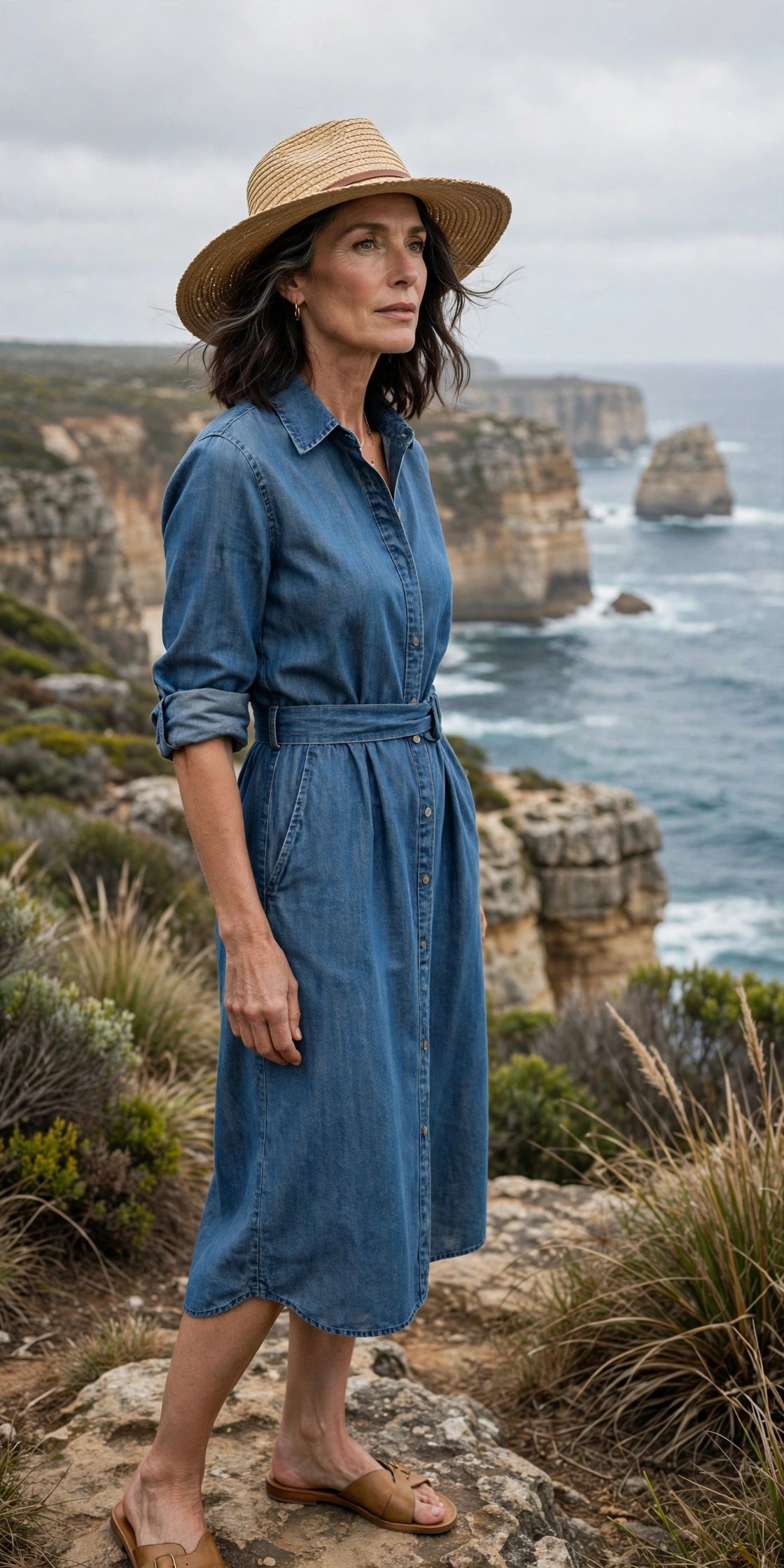 Woman in her 50s wearing a chambray shirt dress and tan flat sandals on the Great Ocean Road