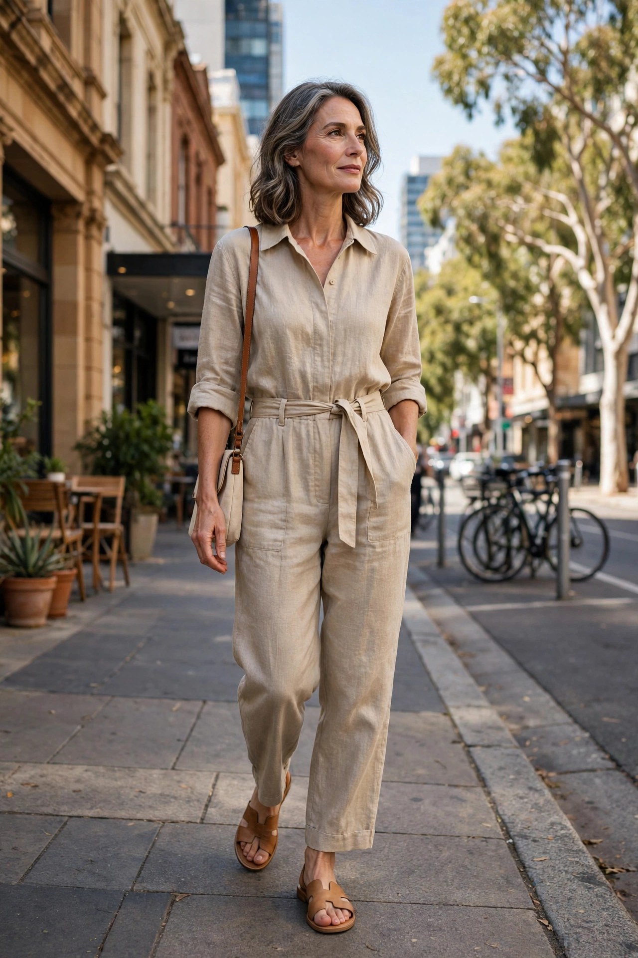 Woman in her 50s wearing a natural linen jumpsuit and flat leather sandals exploring a sunny city