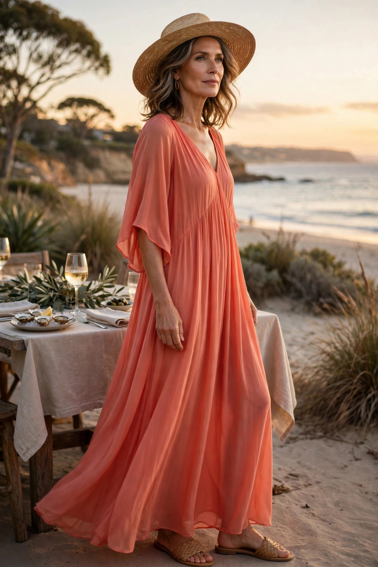 Woman in her 50s wearing a coral maxi dress and straw hat at a sunset beach dinner