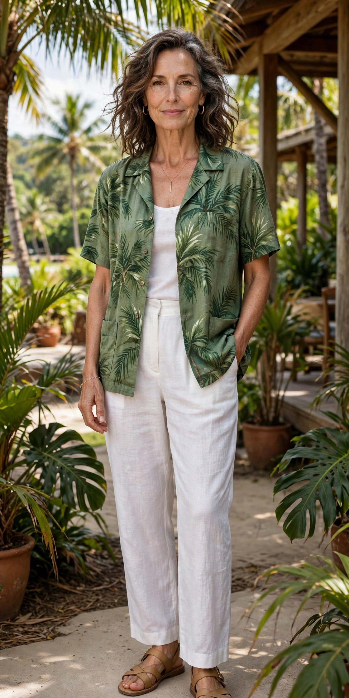 Woman in her 50s wearing a palm-print camp shirt and white linen pants in tropical Queensland