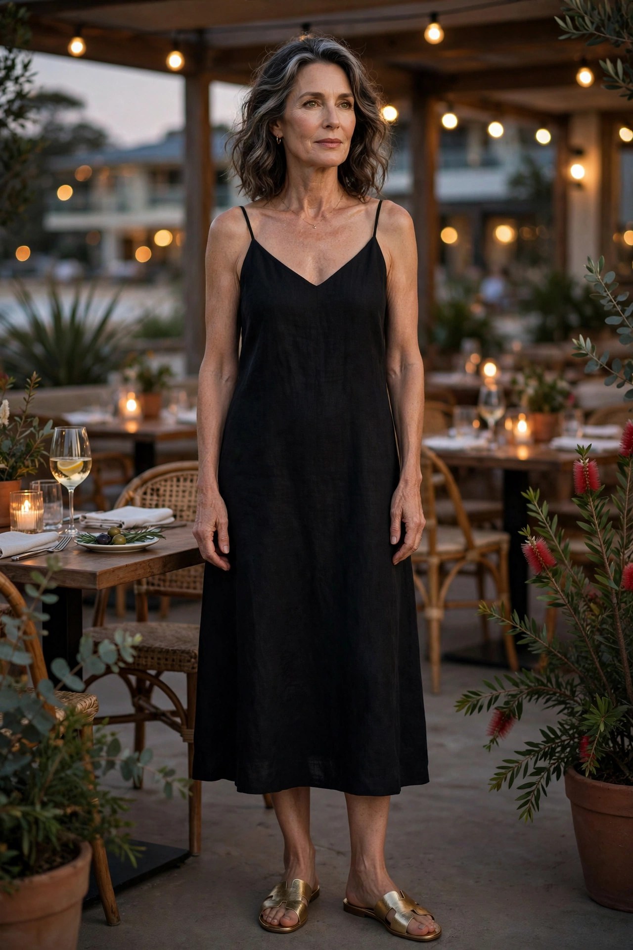 Woman in her 50s wearing a black midi sundress and metallic flat sandals at an evening restaurant