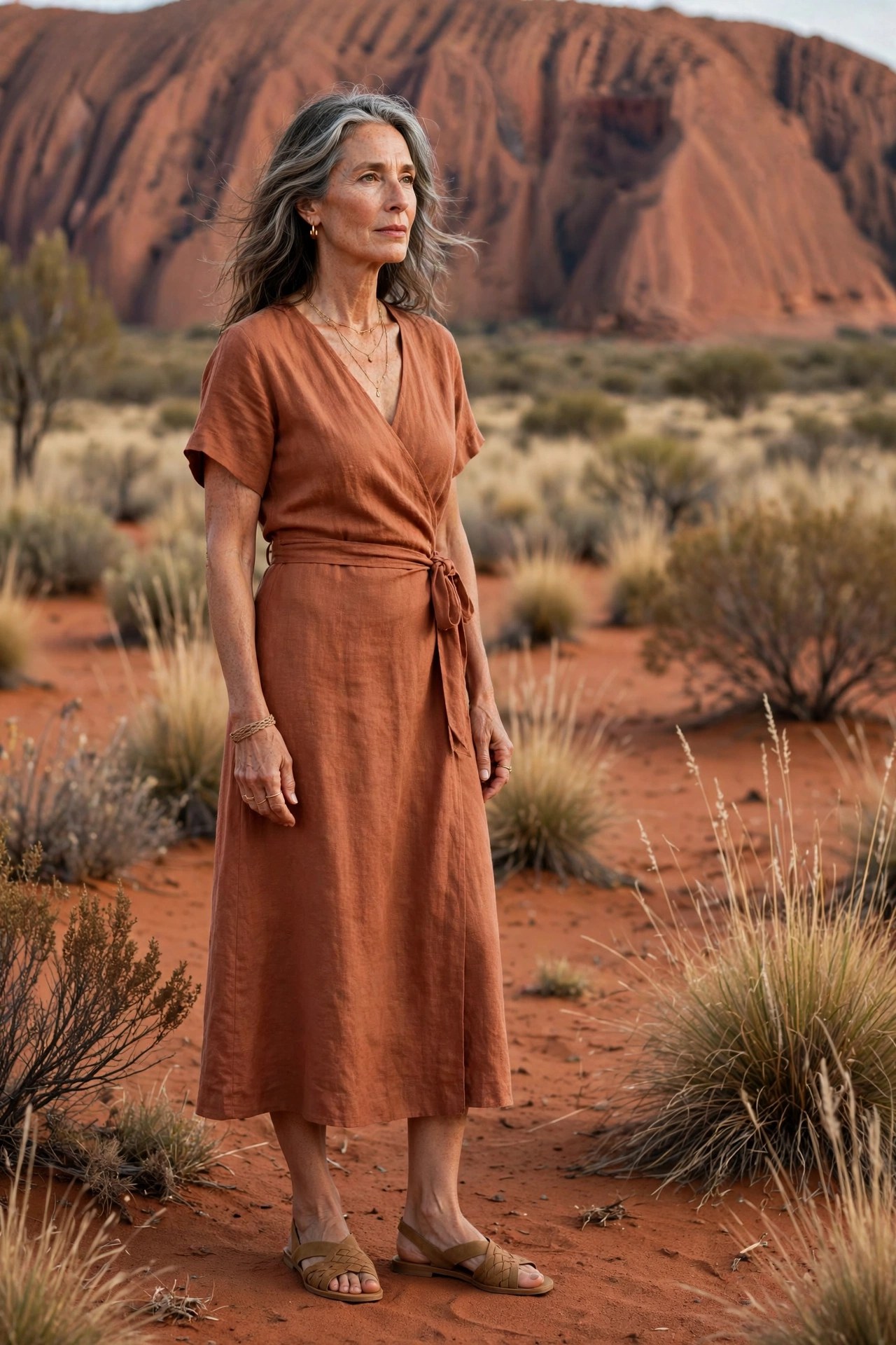 Woman in her 50s wearing a terracotta wrap midi dress and tan sandals in the Australian outback