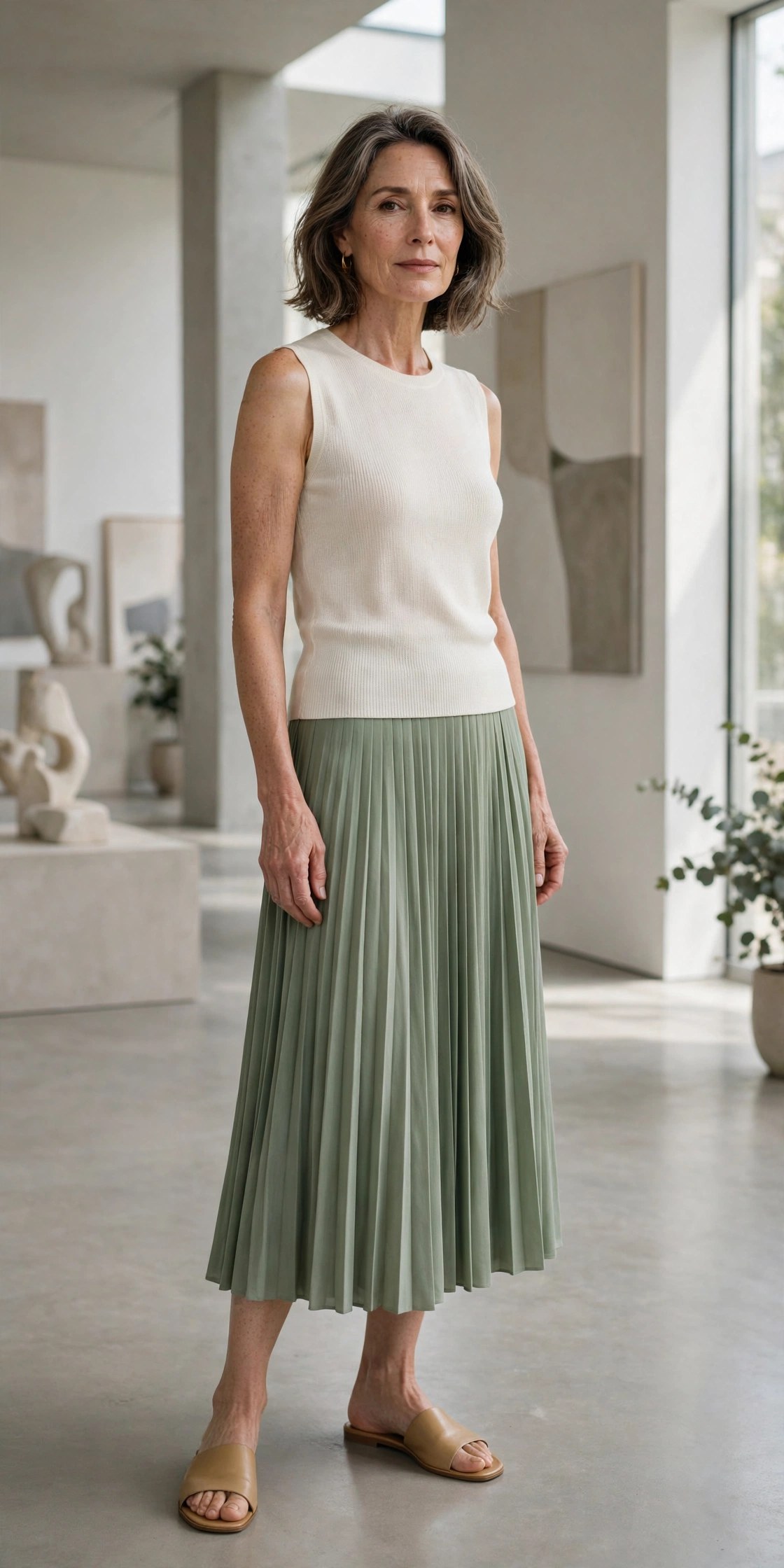 Woman in her 50s wearing a sleeveless knit top, pleated midi skirt and slides at an art gallery