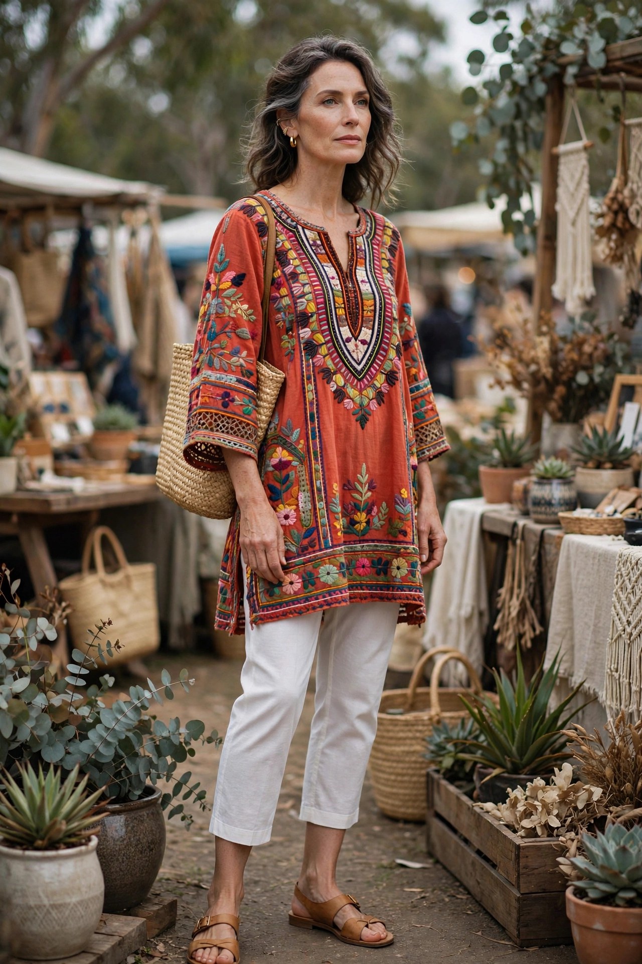 Woman in her 50s wearing a boho embroidered tunic, white capris and sandals at a weekend market