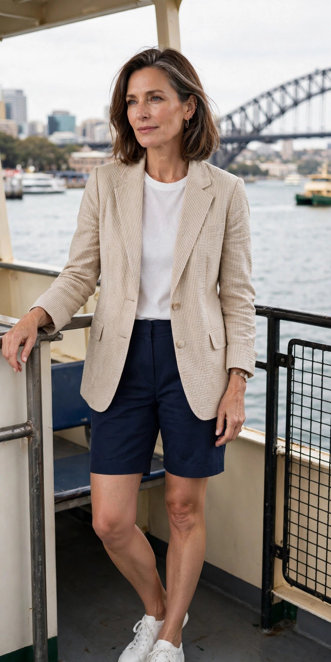 Woman in her 50s wearing a seersucker blazer, white tee and navy bermuda shorts on a Sydney ferry