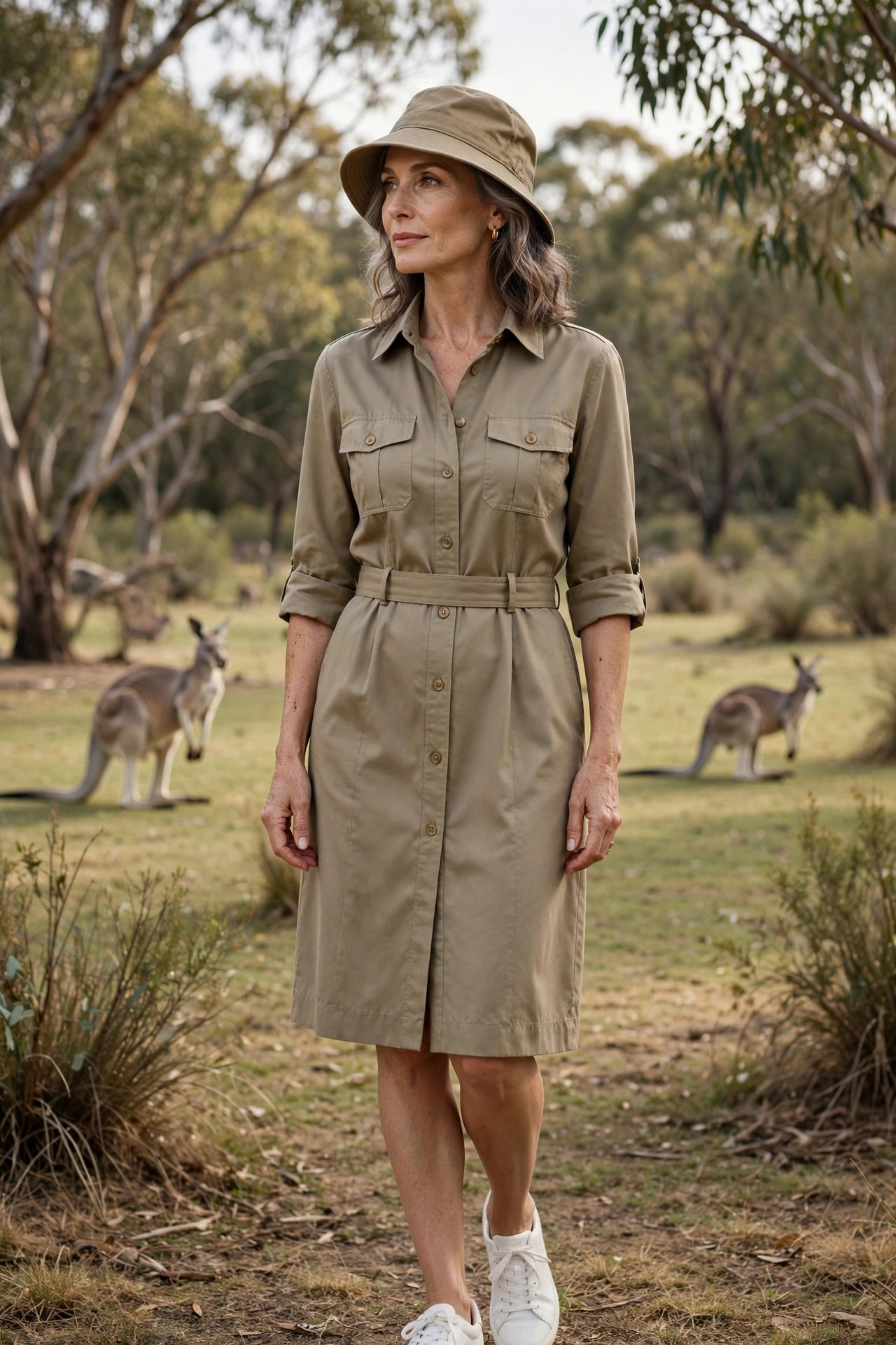 Woman in her 50s wearing a khaki safari shirt dress and sneakers at a wildlife park