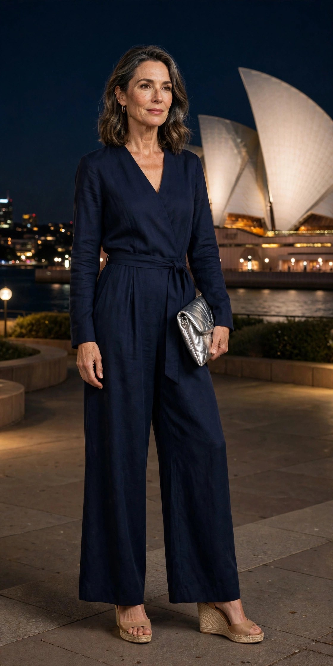 Woman in her 50s wearing a navy wide-leg jumpsuit and wedge sandals outside an opera house at night