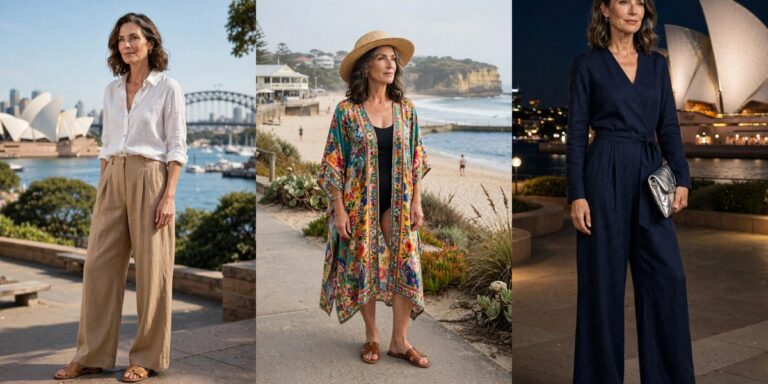 What to wear in Australia over 50 — sunny relaxed travel outfits collage