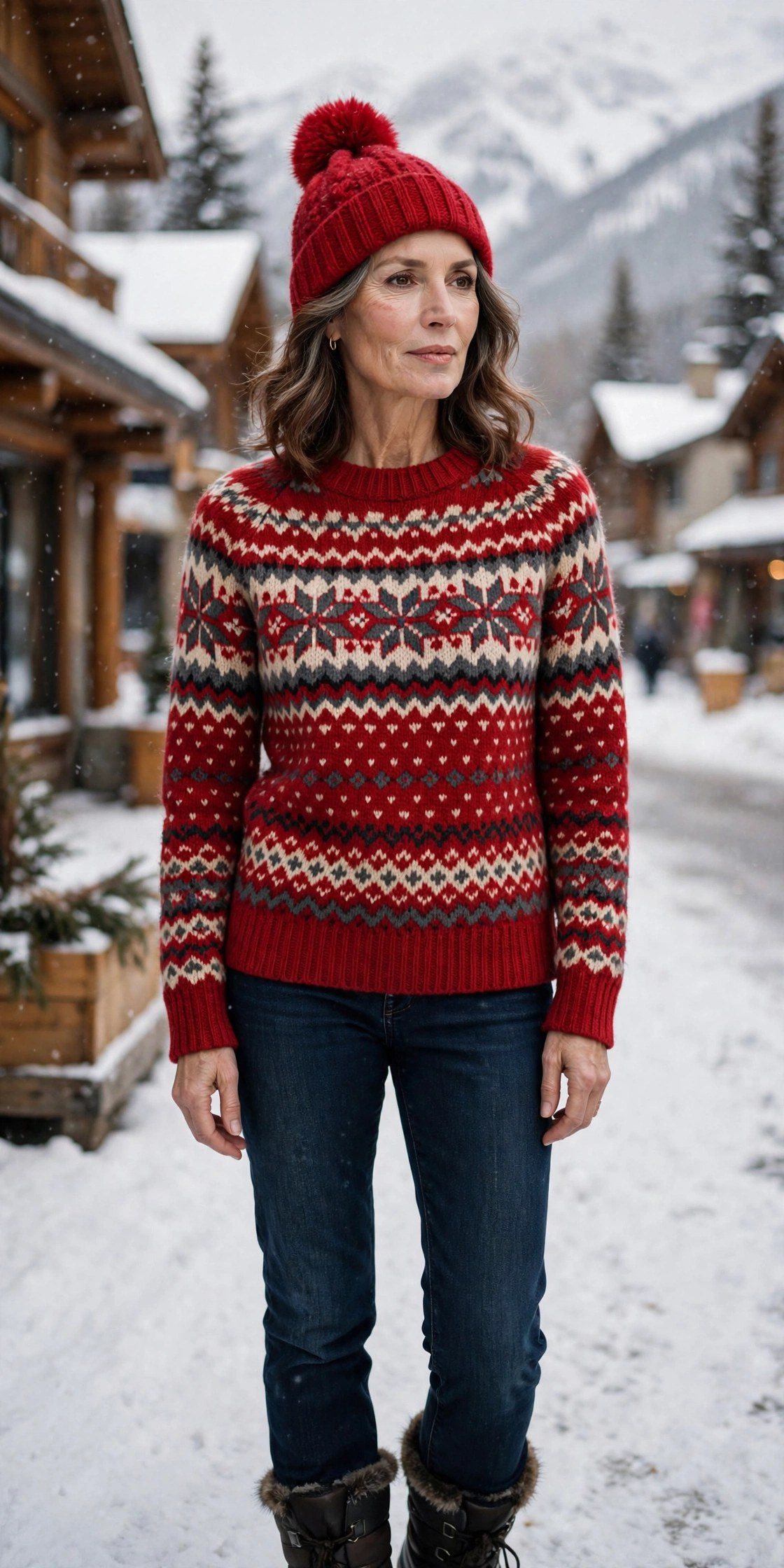 Woman in her 50s wearing a red Fair Isle sweater, dark jeans, snow boots and pom beanie in a snowy mountain town