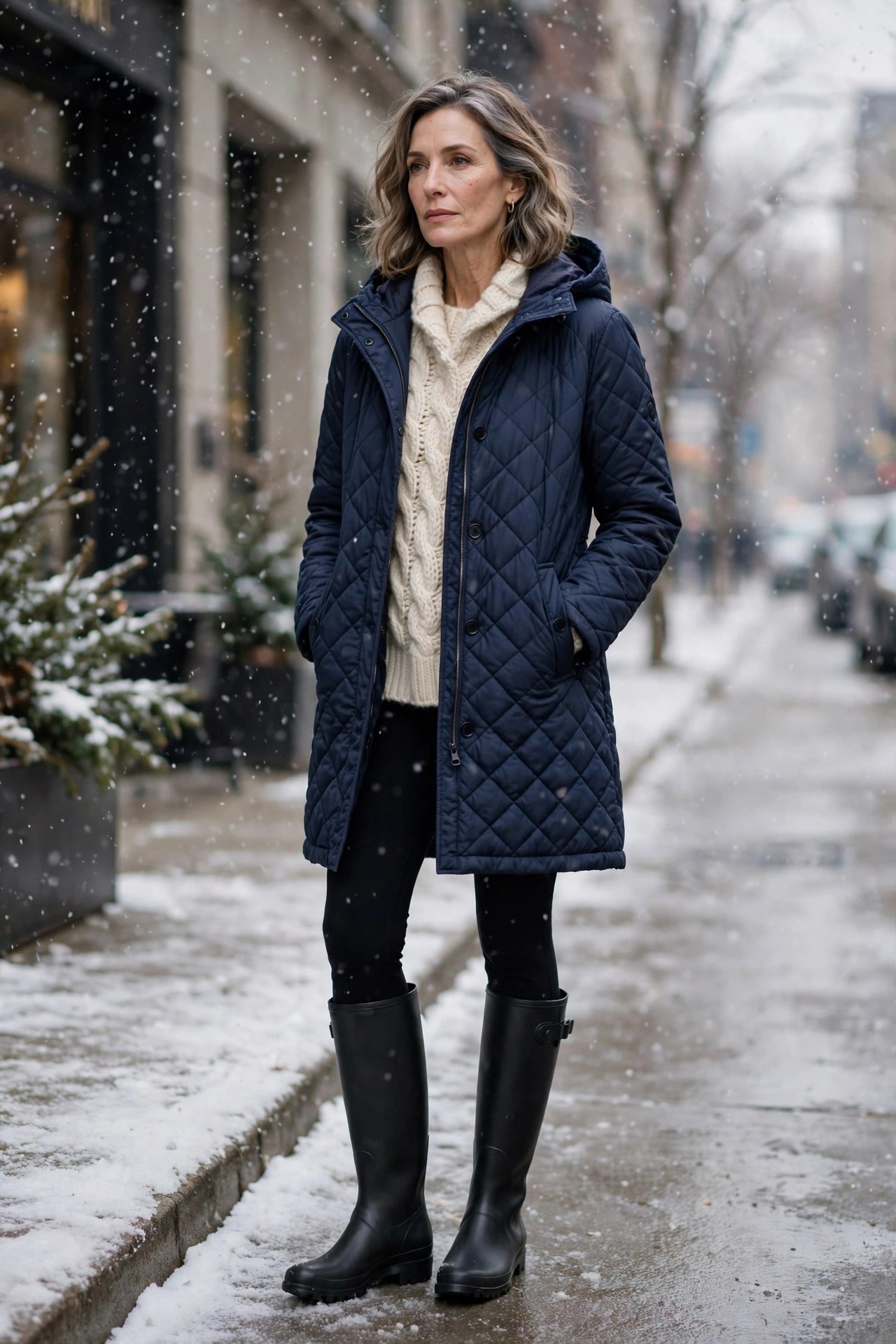 Woman in her 50s wearing a navy quilted parka, cream chunky knit, black leggings and tall boots on a winter sidewalk