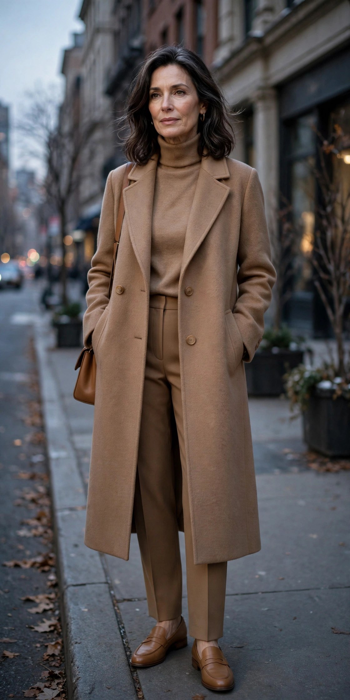 Woman in her 50s wearing a tonal camel outfit with longline coat, cashmere turtleneck and tailored trousers in the city