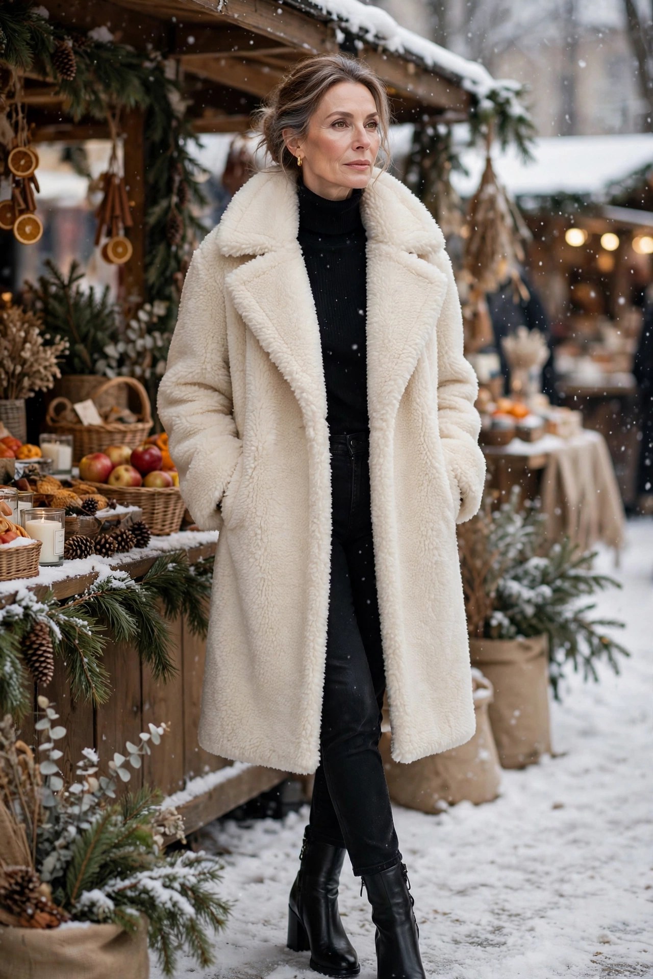 Woman in her 50s wearing an ivory teddy coat over an all-black outfit with ankle boots at a winter market