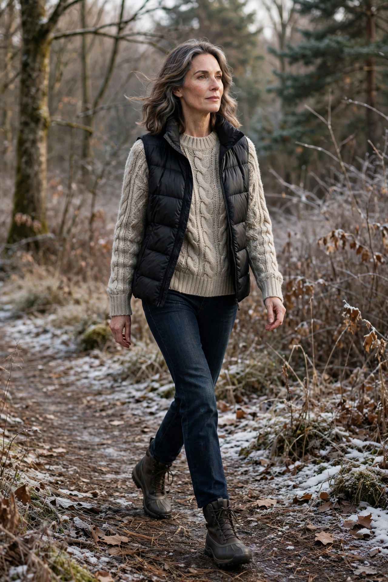 Woman in her 50s wearing a black puffer vest over an oatmeal cable knit with jeans and ankle boots
