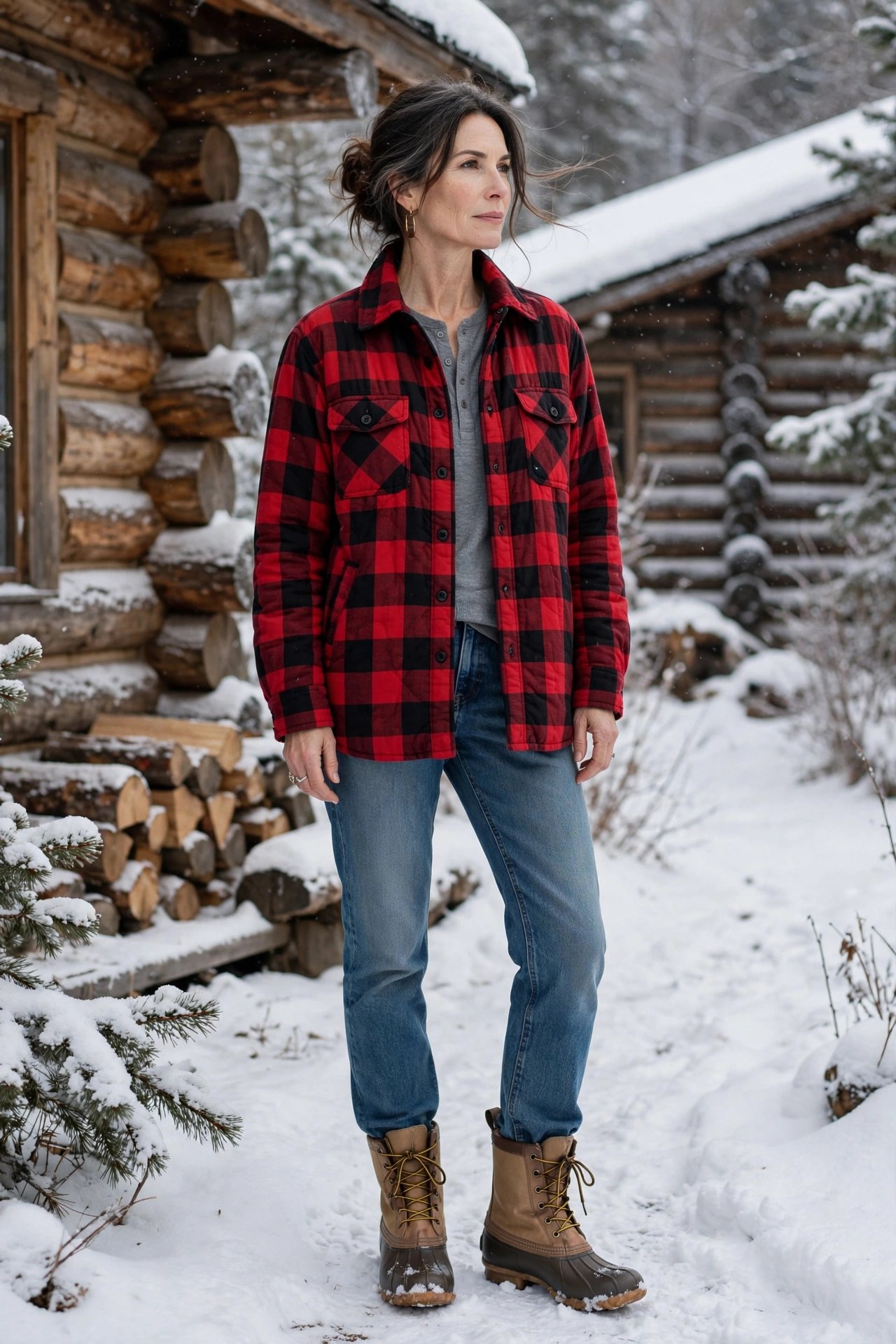 Woman in her 50s wearing a red buffalo plaid shacket, jeans and duck boots outside a log cabin