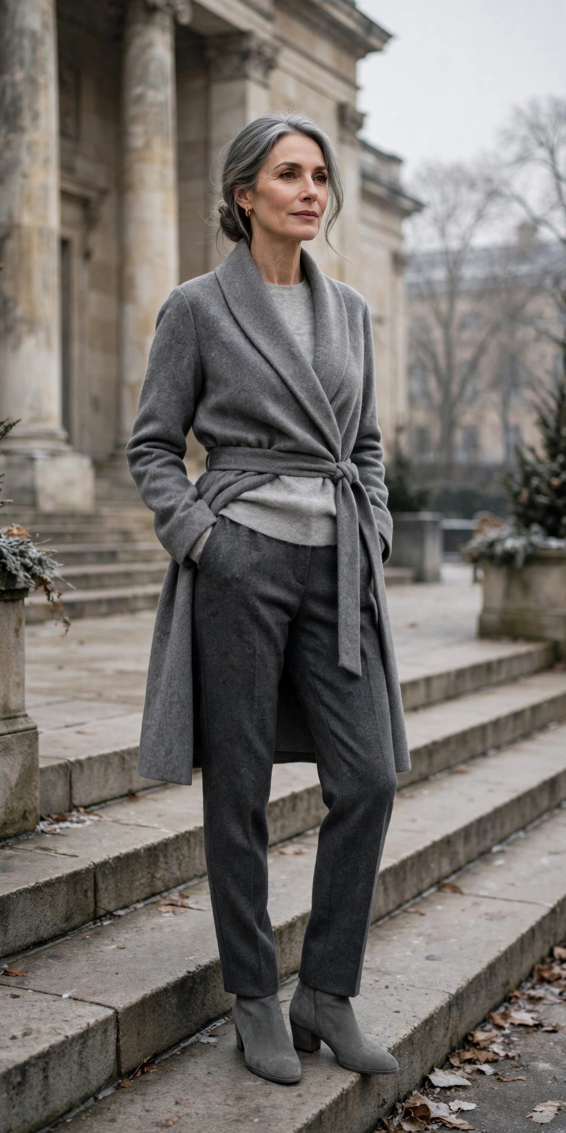 Woman in her 50s wearing a grey monochrome outfit with wool coat, cashmere sweater and trousers