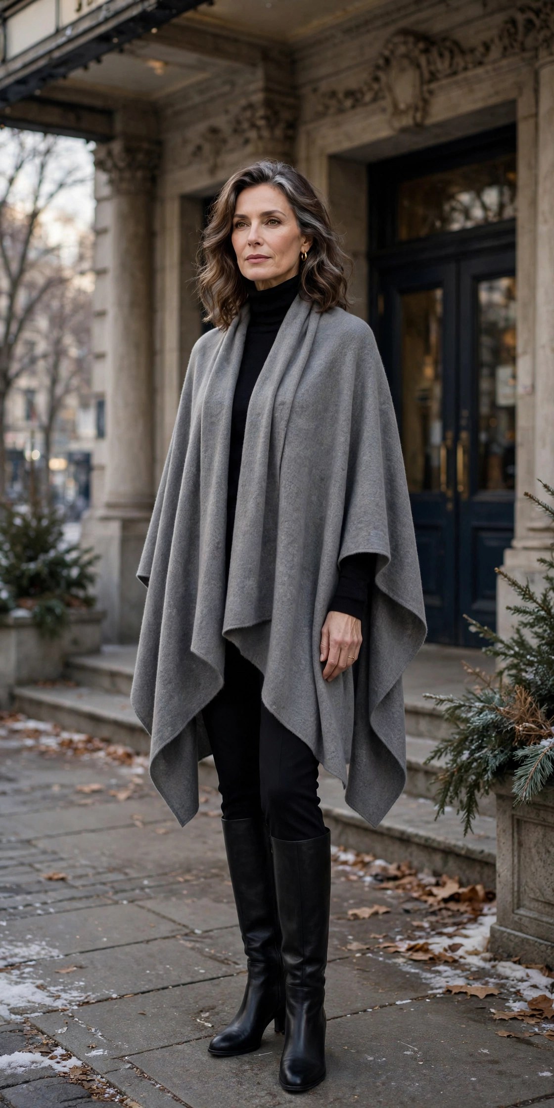 Woman in her 50s wearing a grey cashmere cape over a black turtleneck and slim trousers
