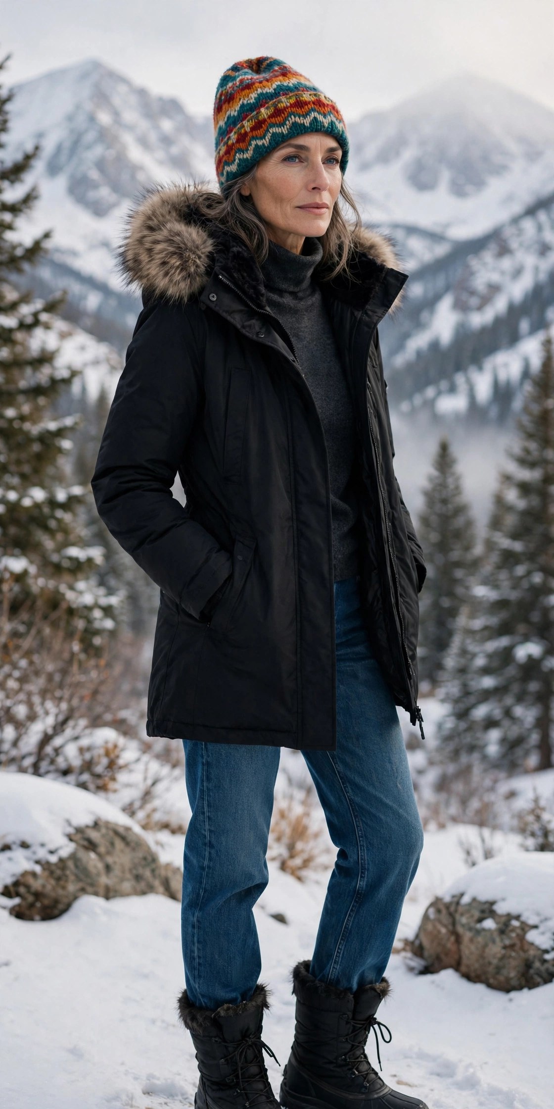 Woman in her 50s wearing a black down parka, jeans and insulated winter boots with snowy mountains behind