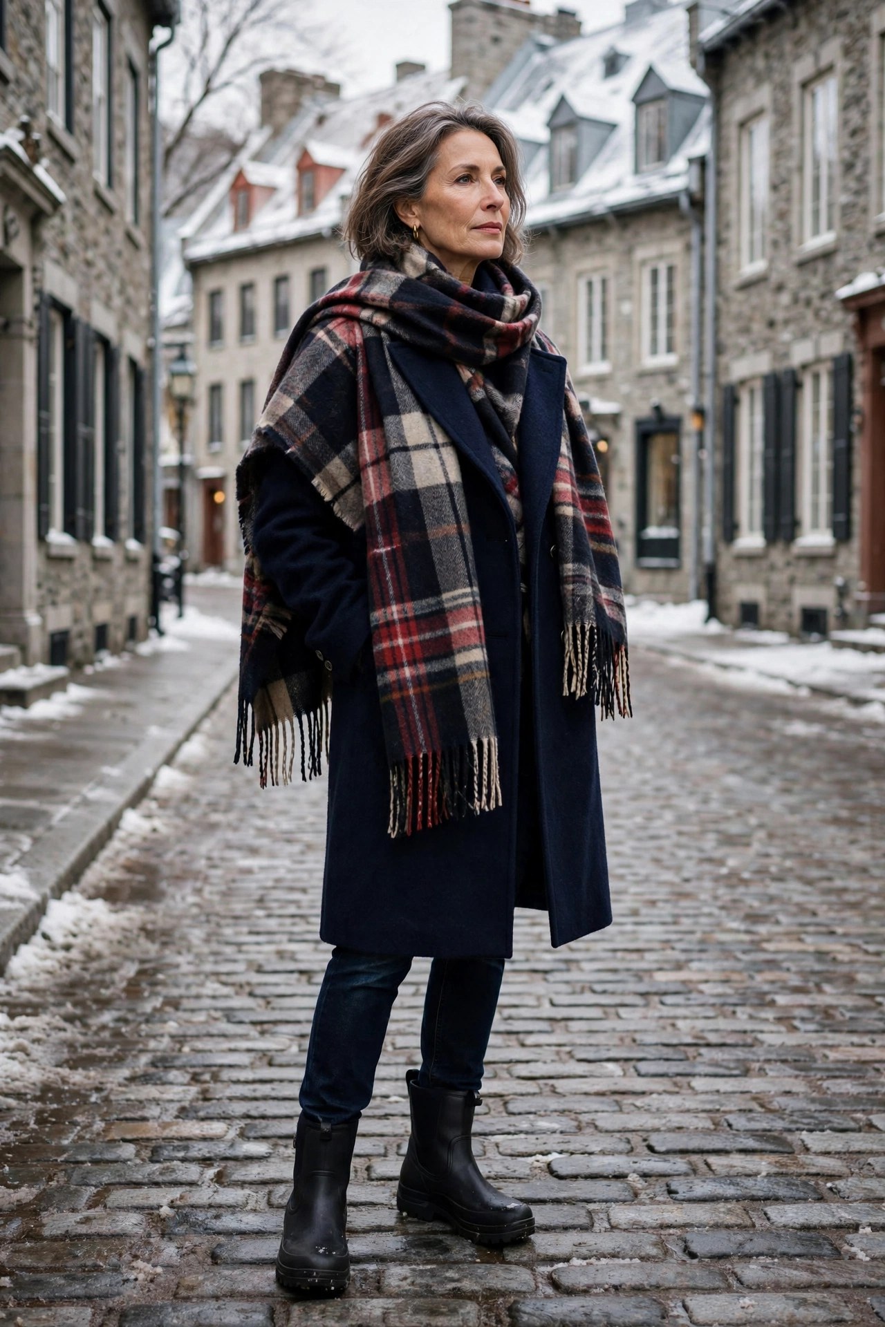 Woman in her 50s wearing a plaid blanket scarf and navy wool coat in old Quebec City