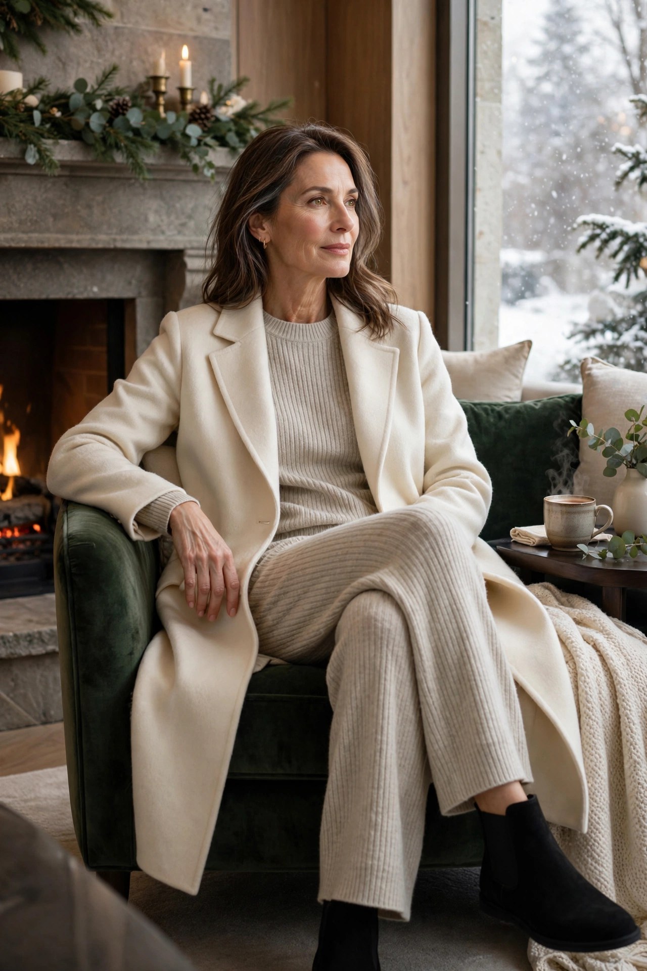 Woman in her 50s wearing an oatmeal knit co-ord set with a longline cream coat by a fireplace