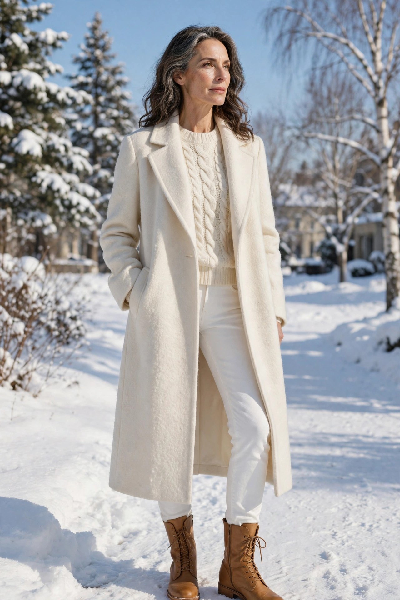Woman in her 50s wearing a winter-white outfit with ivory coat, cream knit, white jeans and tan boots