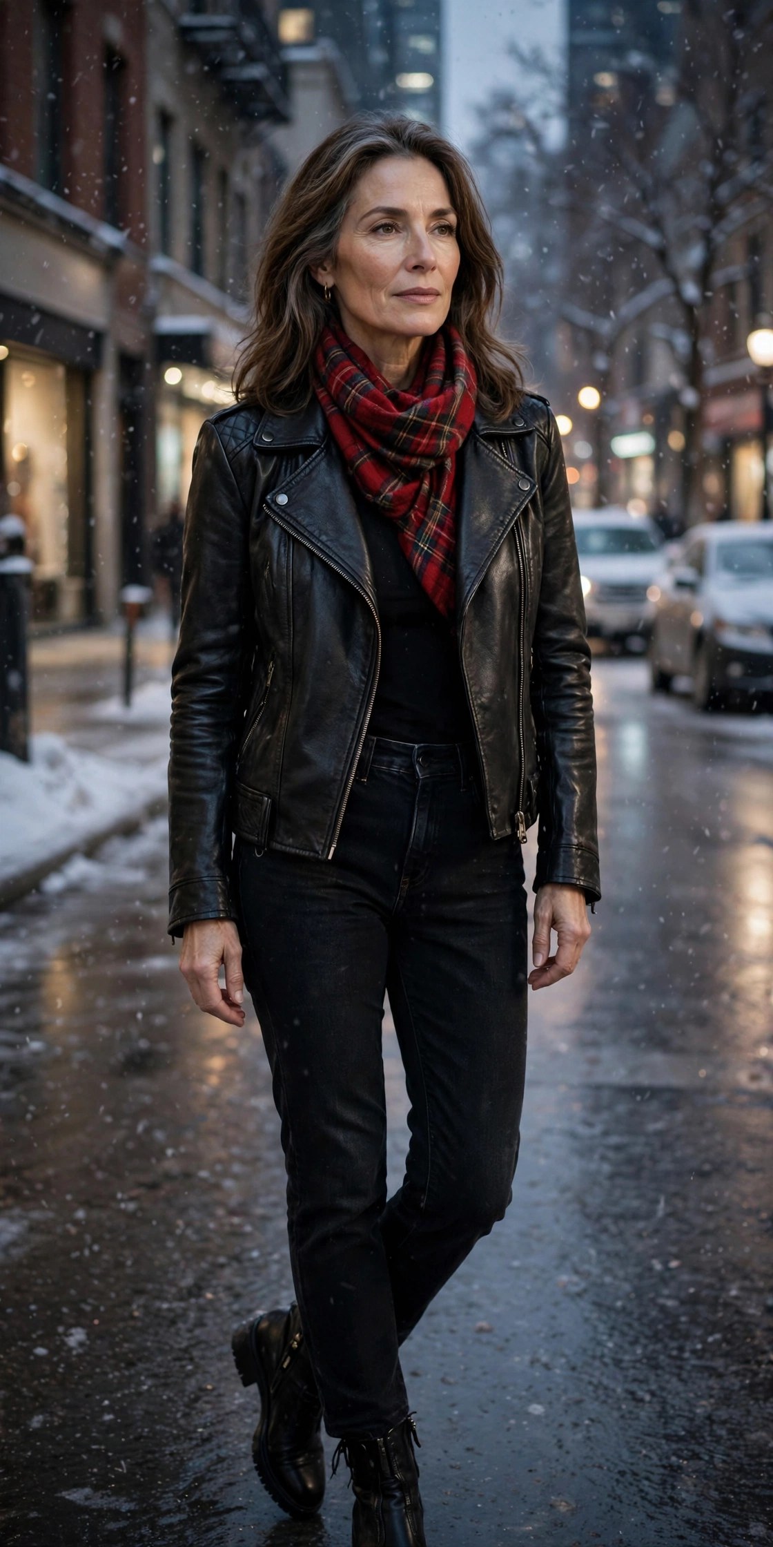 Woman in her 50s wearing a black faux-leather moto jacket, plaid scarf and dark jeans at night