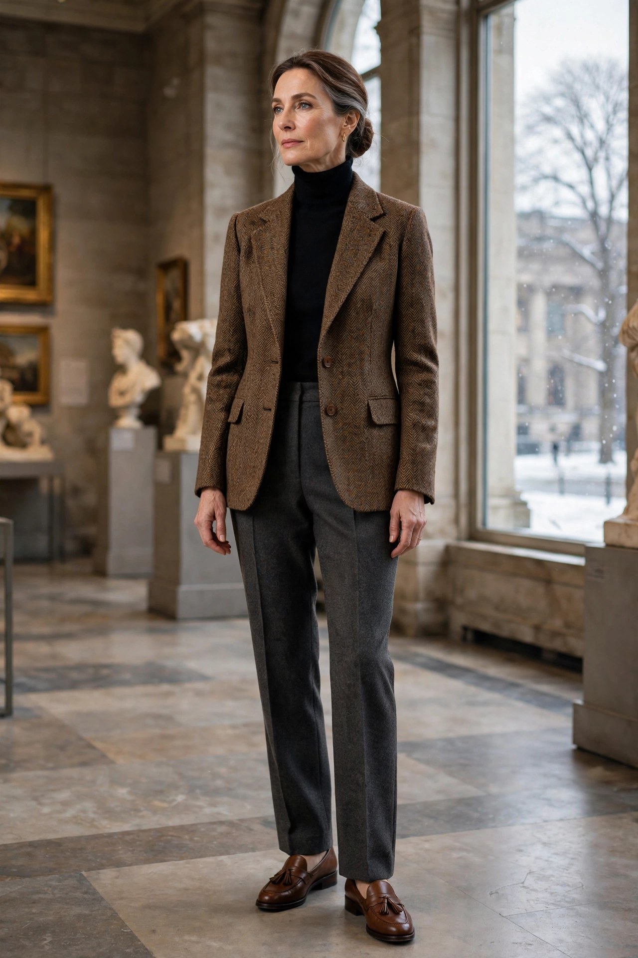 Woman in her 50s wearing a brown tweed blazer, black turtleneck and wool trousers