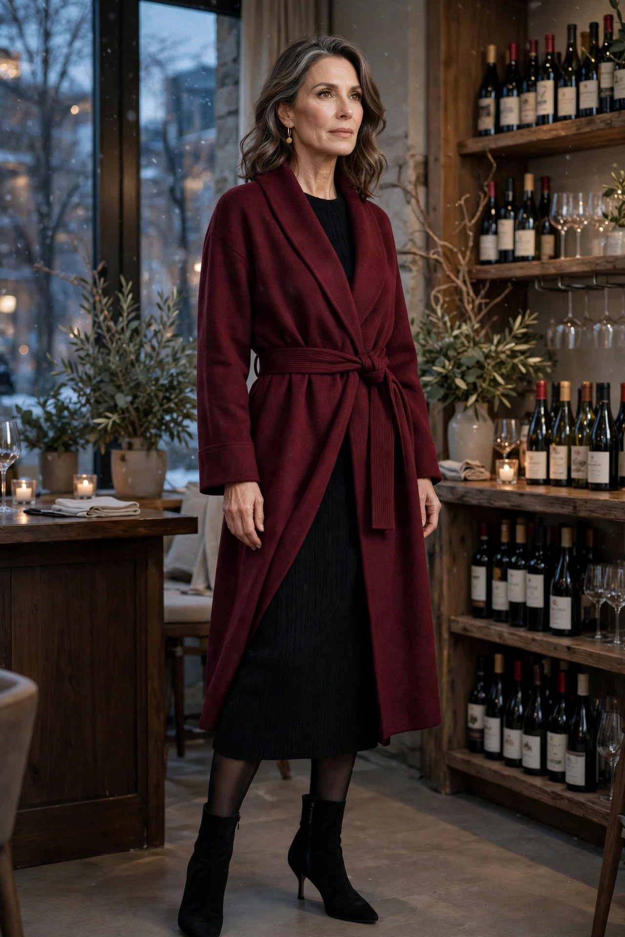 Woman in her 50s wearing a burgundy belted robe coat over a black knit midi dress