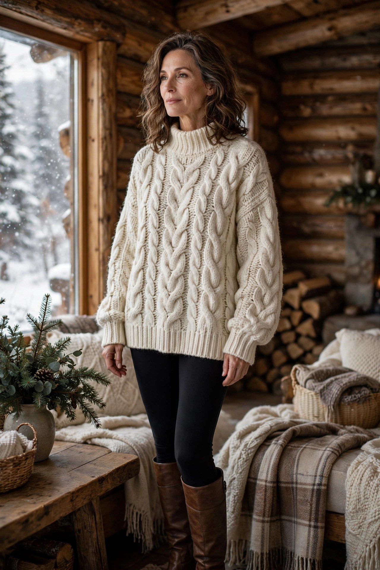 Woman in her 50s wearing an oversized cream cable-knit sweater, leggings and knee-high boots in a cabin