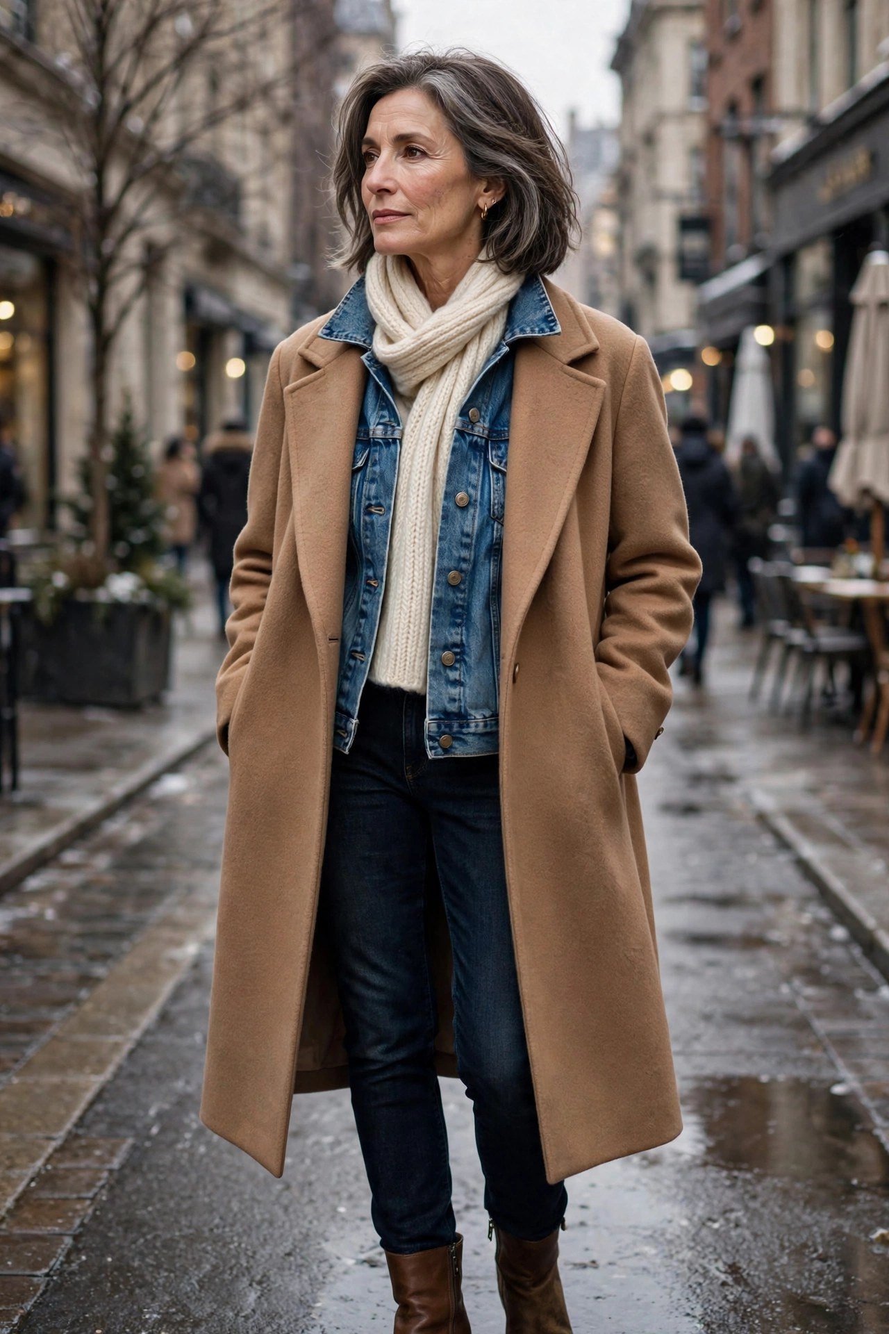 Woman in her 50s wearing a denim jacket under a camel wool overcoat with a cream scarf