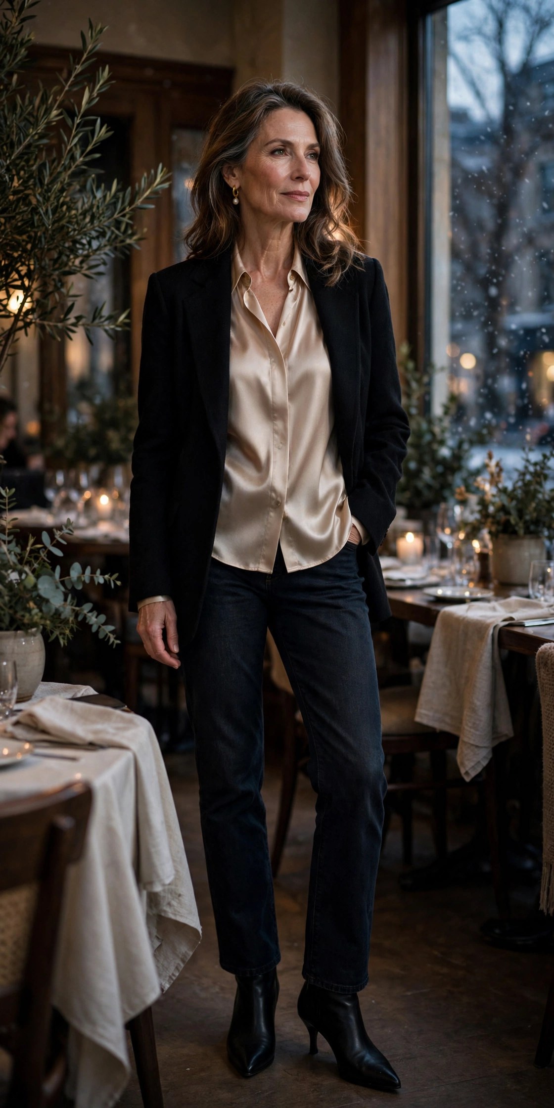Woman in her 50s wearing a champagne satin blouse, black blazer, dark jeans and pointed boots