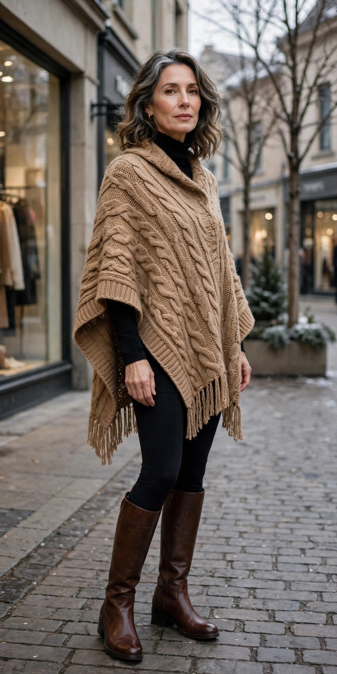 Woman in her 50s wearing a camel knit poncho, black turtleneck, leggings and tall boots