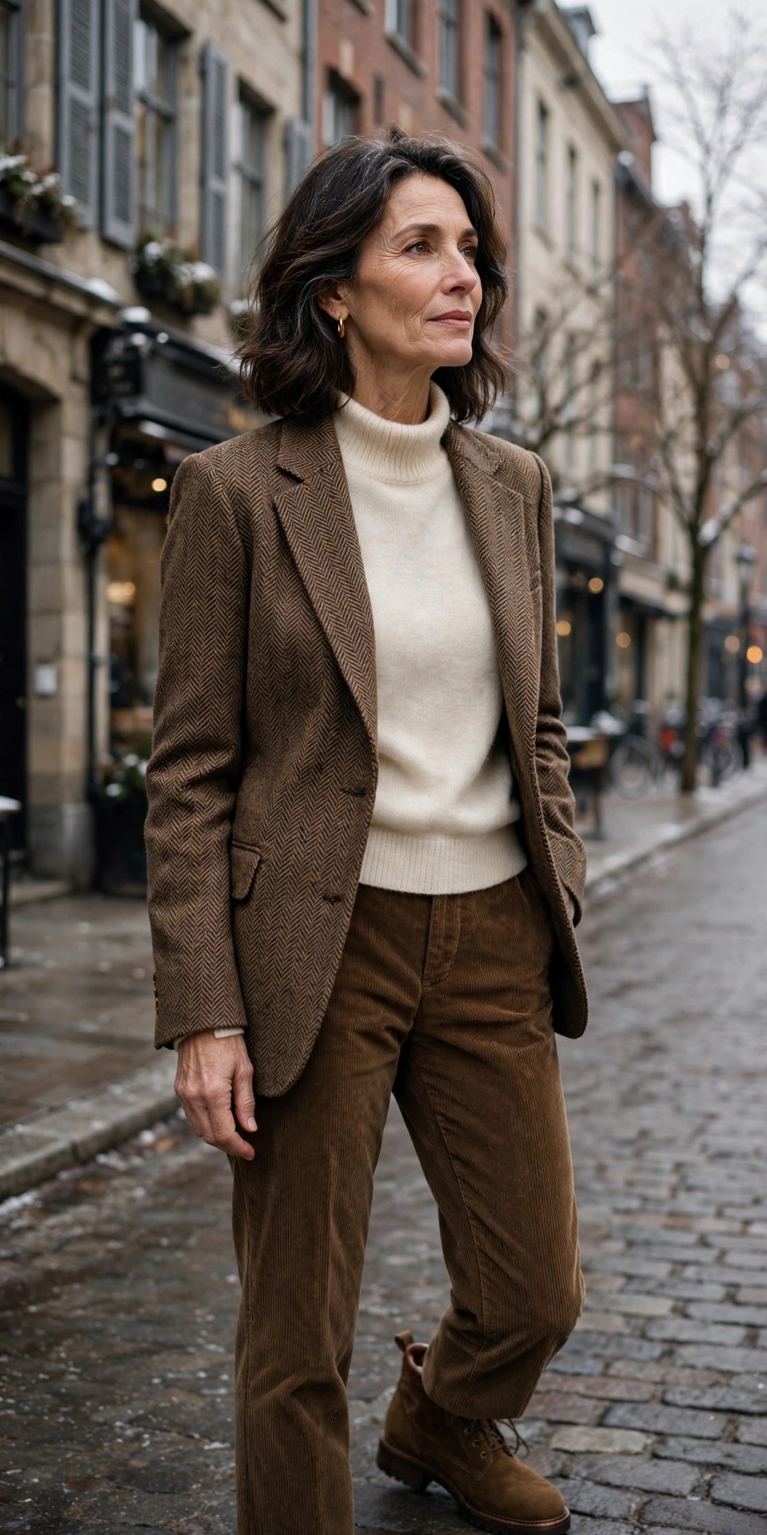 Woman in her 50s wearing a brown herringbone blazer, cream rollneck and corduroy trousers